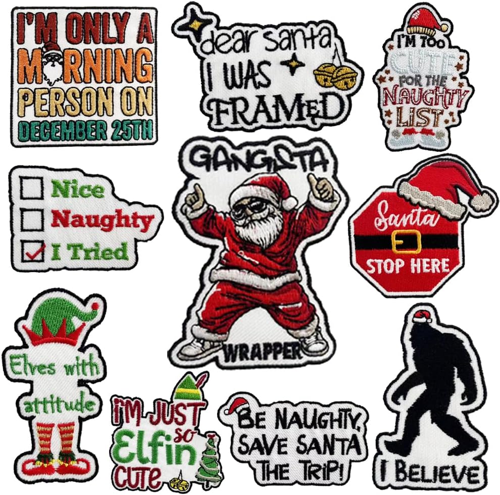 Christmas Santa Phrase Patches: Decorative Quote Embroidered Styles, Bright Colors, Sew On/Iron On for Clothes, Dress, Hat, Jeans - DIY Festive Accessories