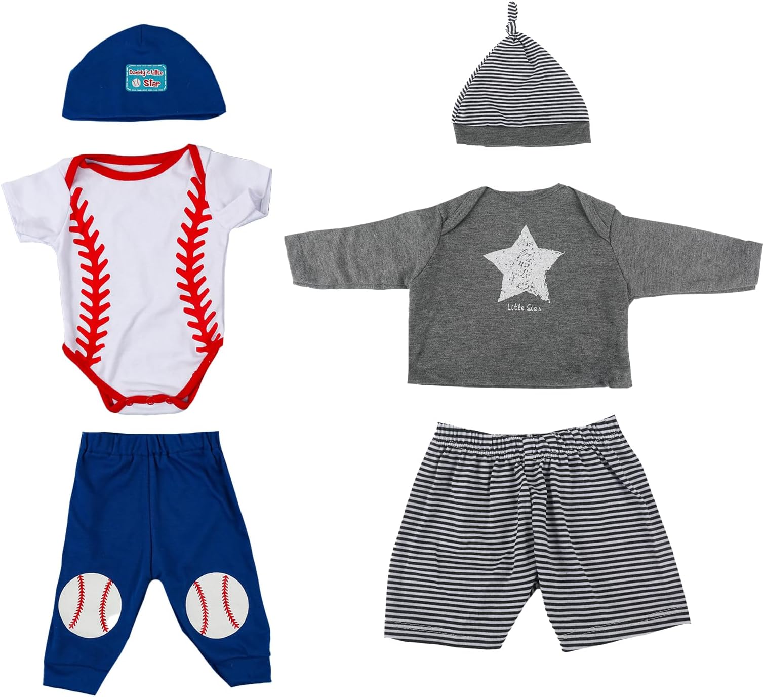 Reborn Baby Doll Clothes for 20-22 Inch Doll Boy, 2 Sets Blue & Gray Outfits with Baseball and Stars Print Theme