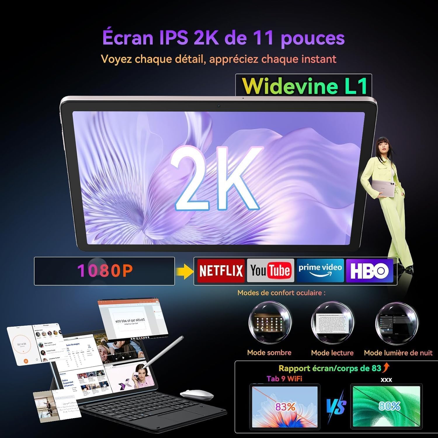 Blackview Tab9WiFi Tablette 11 Pouces 2K FHD+, 18Go + 256Go (TF 2To), Octa Core Tablette Gaming, Android 14, Gemini AI, Tablette Tactile avec Widevine L1, 8200mAh, GMS, Bluetooth 5.0, Face ID