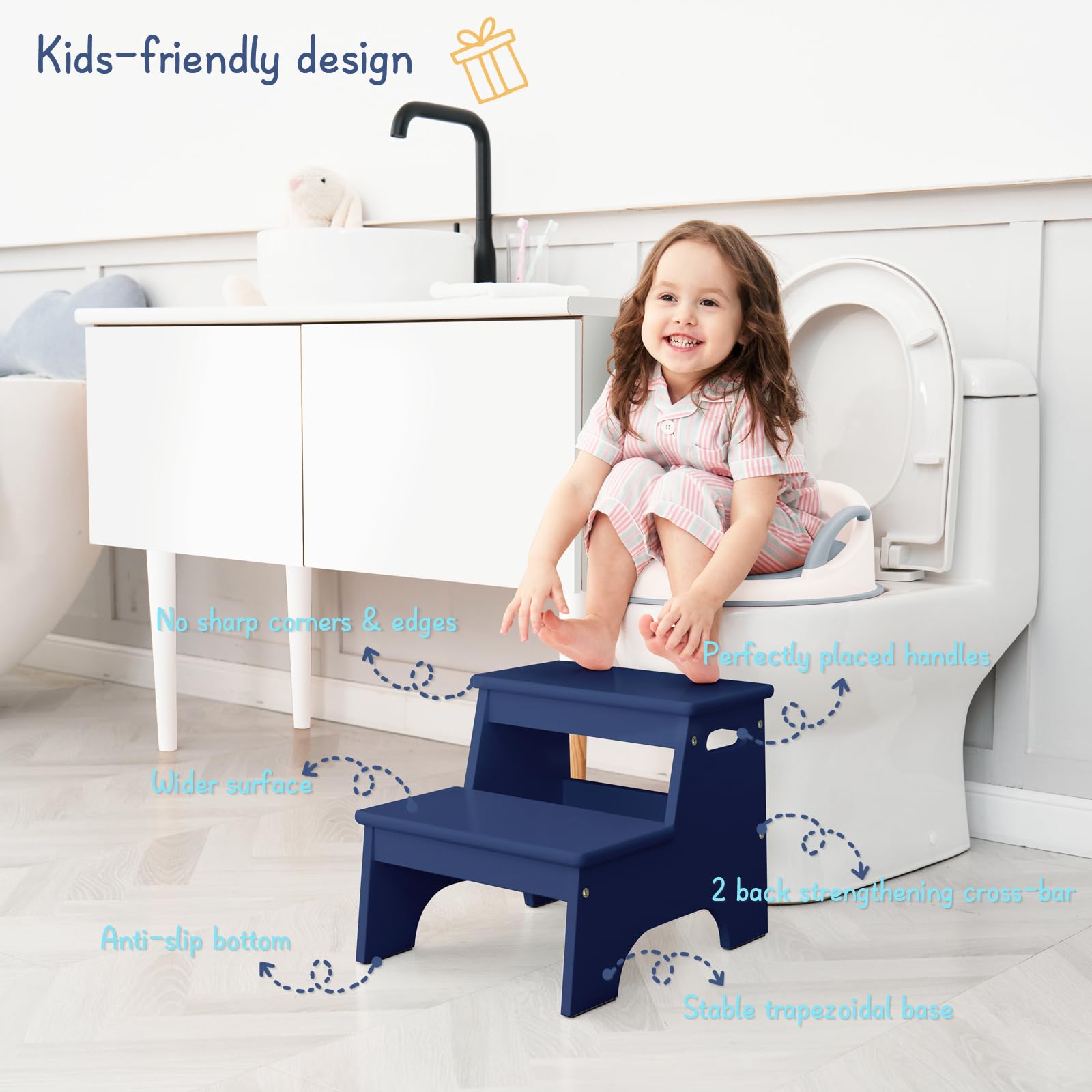Wooden 2-Step Stool For Kids - Foldable Anti-Slip Step Stool For Bathroom & Kitchen Use
