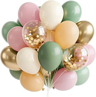 PartyWoo Pink and Green Balloons 66pcs 12 Inch Gold White Green Balloons