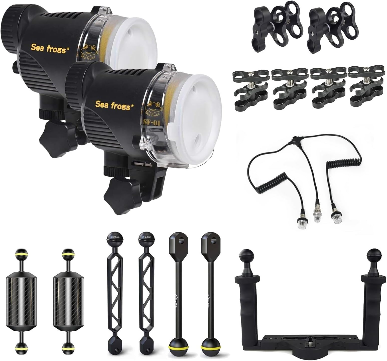 Seafrogs SF-01 Underwater Lighting Strobe Kit. Includes 2X Strobes, 2X Float Balls, 4X Extension Bars, 1xOptical Fiber Cable, 1x Aluminium Tray for SeaFrogs housing with Fiber Optic Port