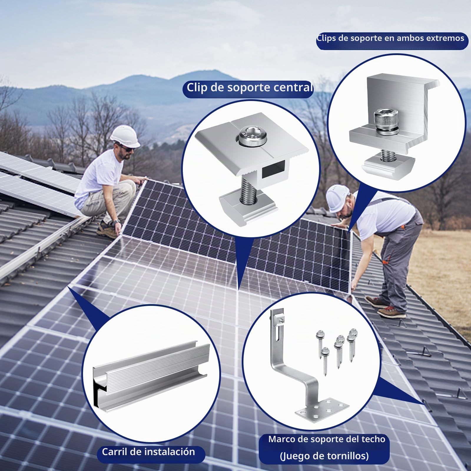 Kit Soporte Placas Solares, Soporte para Panel Solar 20cm×6 | Soporte de montaje · 6 rieles, 6 ganchos, 4 abrazaderas, 2 clips y tornillos · para techo, pared, barco y caravana