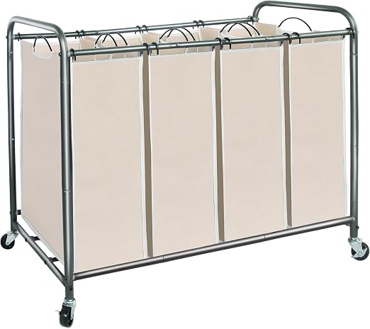STORAGE MANIAC Laundry Sorter 4 Section, 47.5 Gal (180 L) Laundry Hamper with Wheels, Clothes Divider Basket Sorter, Clothes Separator Hamper Cart with Wheels and Removable Bags, Gray
