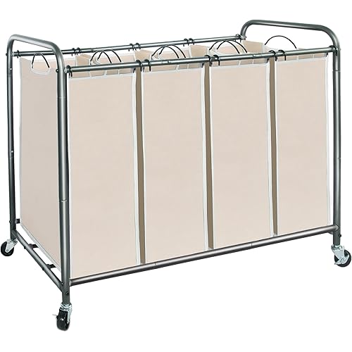 STORAGE MANIAC Laundry Sorter 4 Section, 47.8 Gal (181 L) Laundry Hamper with Wheels, Clothes Divider Basket Sorter, Clothes Separator Hamper Cart with Wheels and Removable Bags, Beige