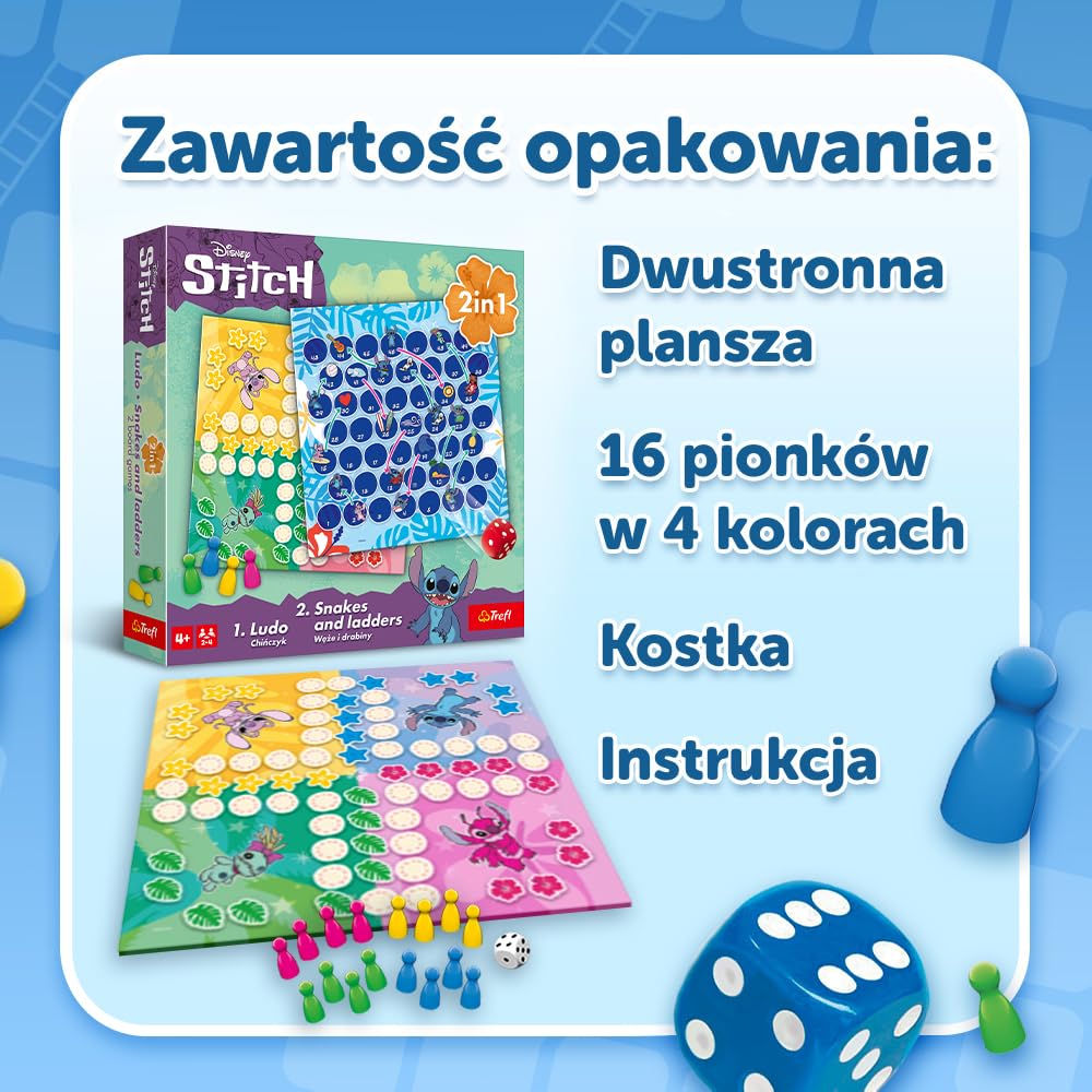 Trefl - Chińczyk, Węże i Drabiny: Lilo & Stitch - Gra 2w1, Rodzinna Klasyczna Gra Planszowa z Bohaterami Bajki Lilo & Stitch, Dwustronna Plansza, Proste Zasady, Dla Dorosłych i Dzieci od 4 lat