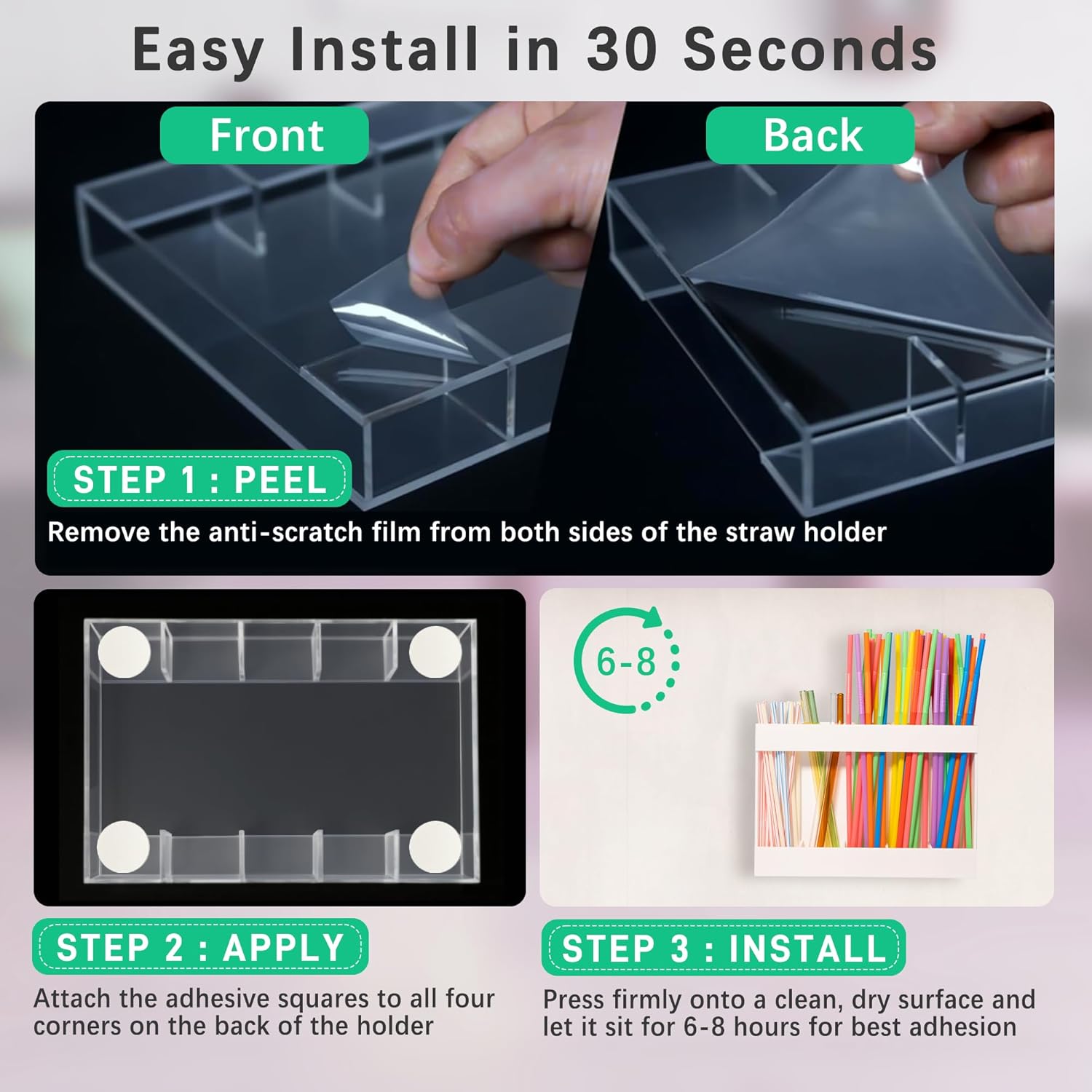 Acrylic Straw Holder for Cabinet Door with Double Sided Adhesive Tape Reusable Tumbler Straw Organizer Storage Container Dispenser for Counter Cabinet Cupboard Kitchen(White) - Image 5