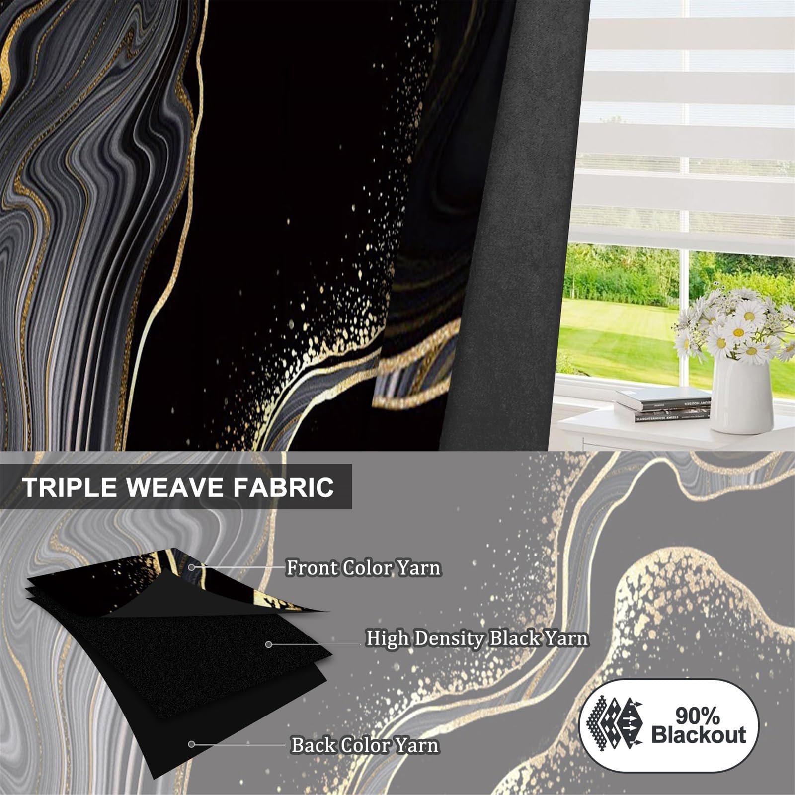 Ttincceer 117x183cm Black Marble Blackout Curtains for Bedroom Abstract Grey Gold Texture Marble Room Darkening Drapes Modern Art Luxury Window Curtain Thermal Insulated 2 Panels - Image 4