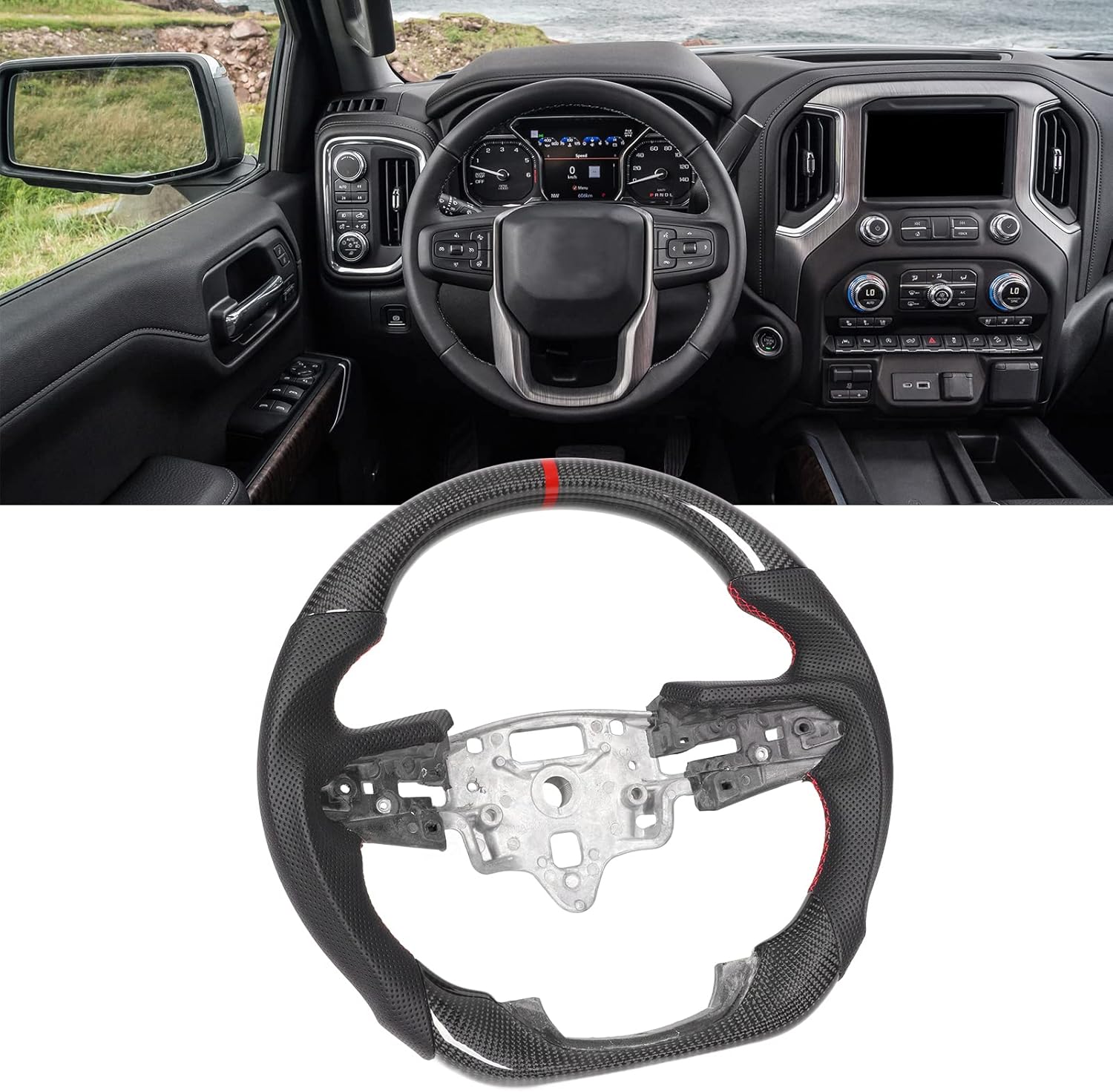 Steering Wheel, Carbon Fiber Racing Steering Wheel for Automobile Replacement for GMC Sierra 1500 2500HD 3500HD 2019‑2022