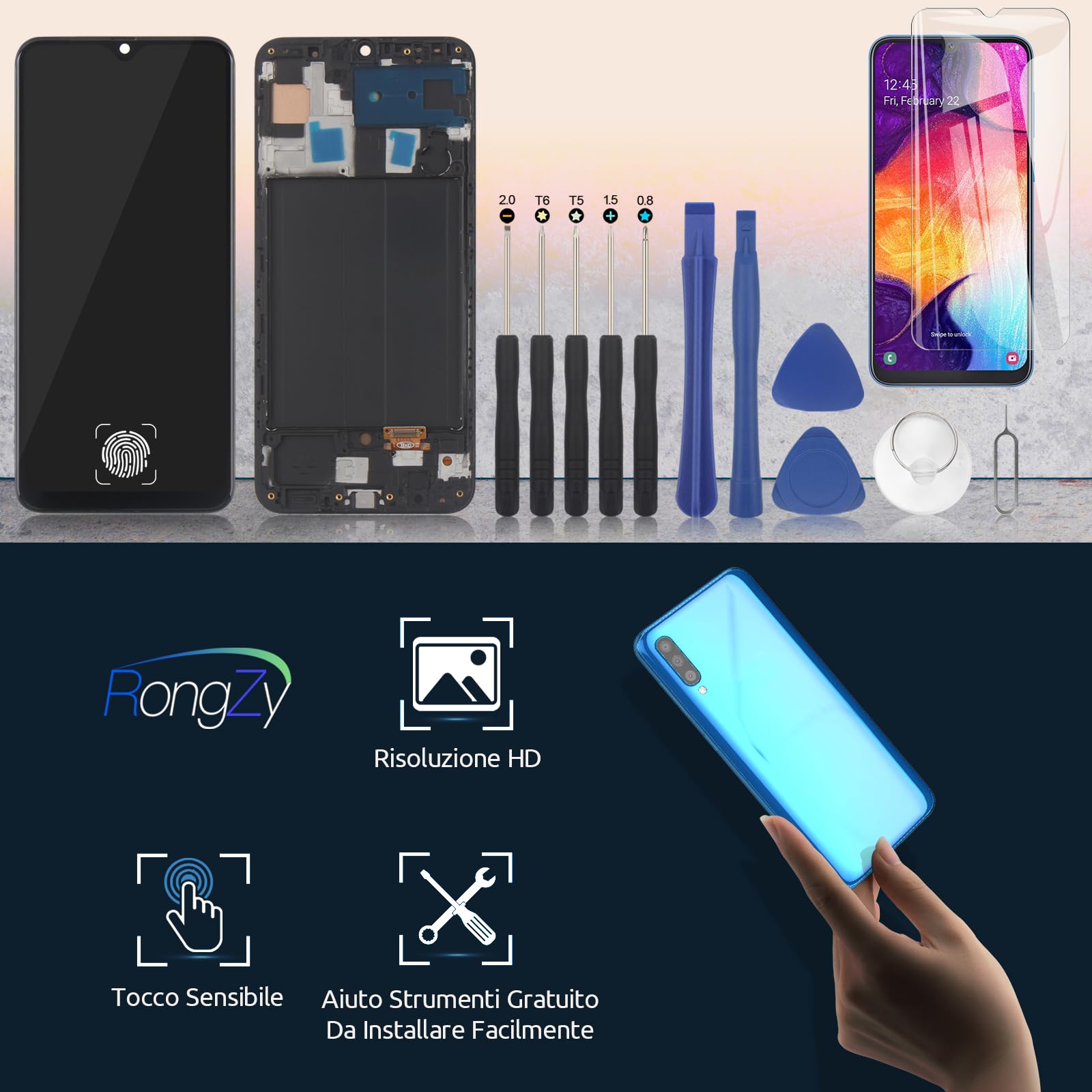 RongZy Schermo LCD per OLED Samsung Galaxy A50 SM-A505FN/DS A505FD A505F A505A A505 Display Touch Screen Digitizer Parti di Ricambio di Riparazione con Strumenti(Nero)