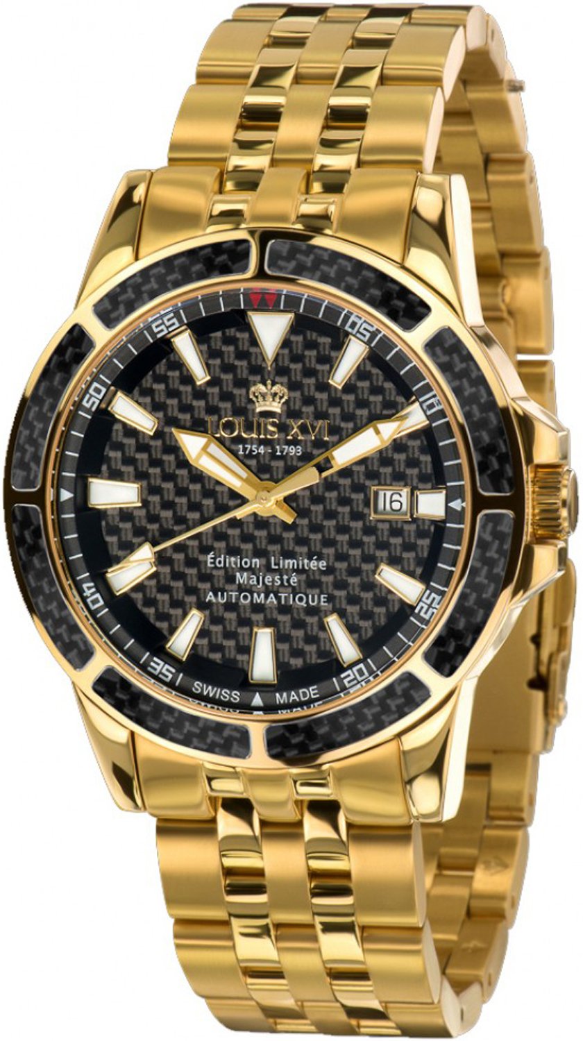 Men's Watch Majesté Stainless Steel Bracelet Gold with Black Real Carbon Dial Automatic Analogue Stainless Steel 628