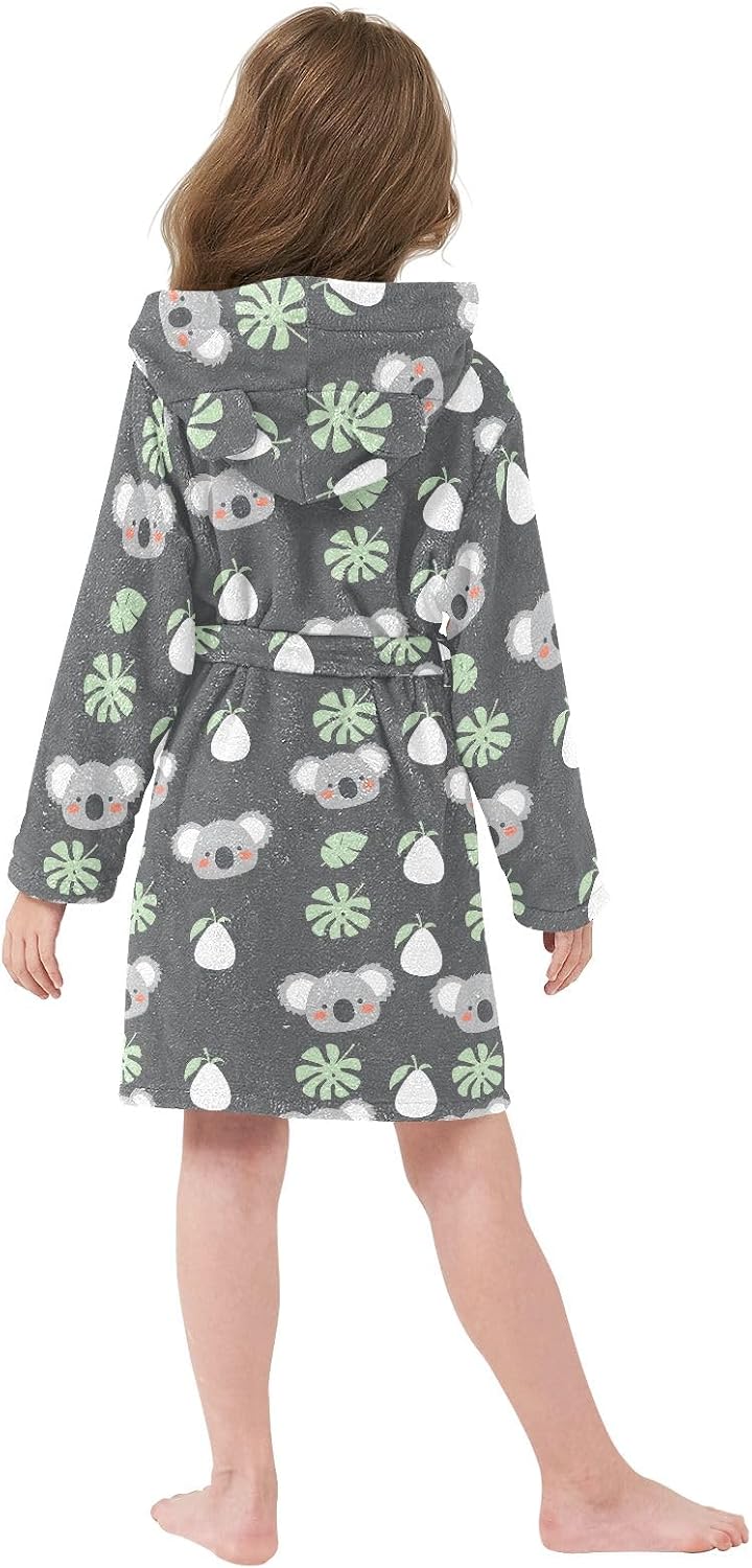 Koala Cute Leaves Pattern Toddler Hooded Bathrobe for Boys Girls Soft Plush Bath Towel Robe 2-12 Years