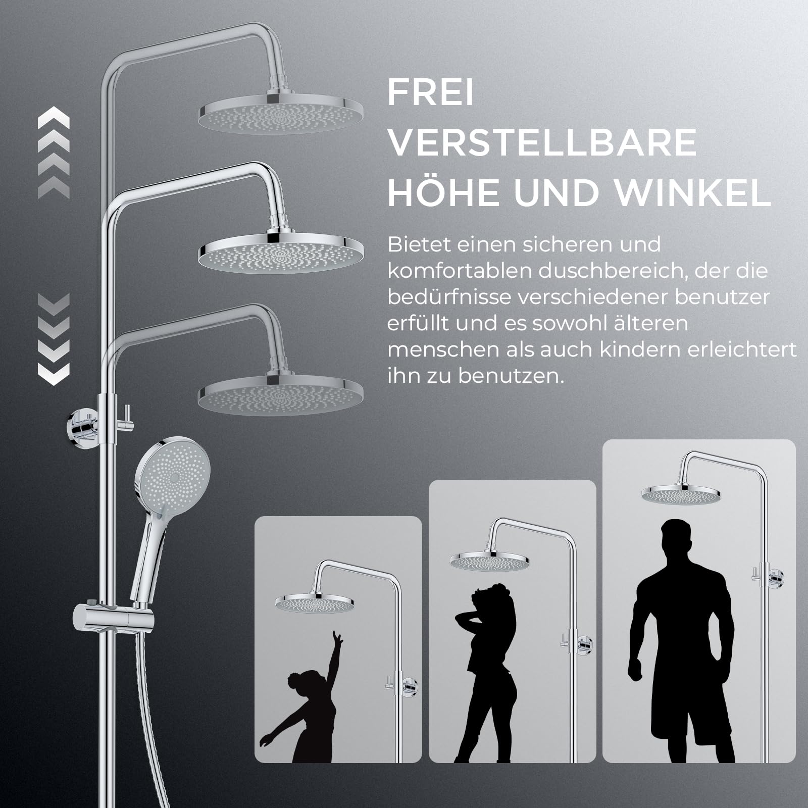 FORIOUS® Duschsystem mit Thermostat,Duscharmatur Komplettset PolierterChrom | Edelstahl Duschsystem 25cm Rund-Overhead Regendusche，90-125cm Höhenverstellbare Duschstange, 3 Strahlarten ABS Handbrause