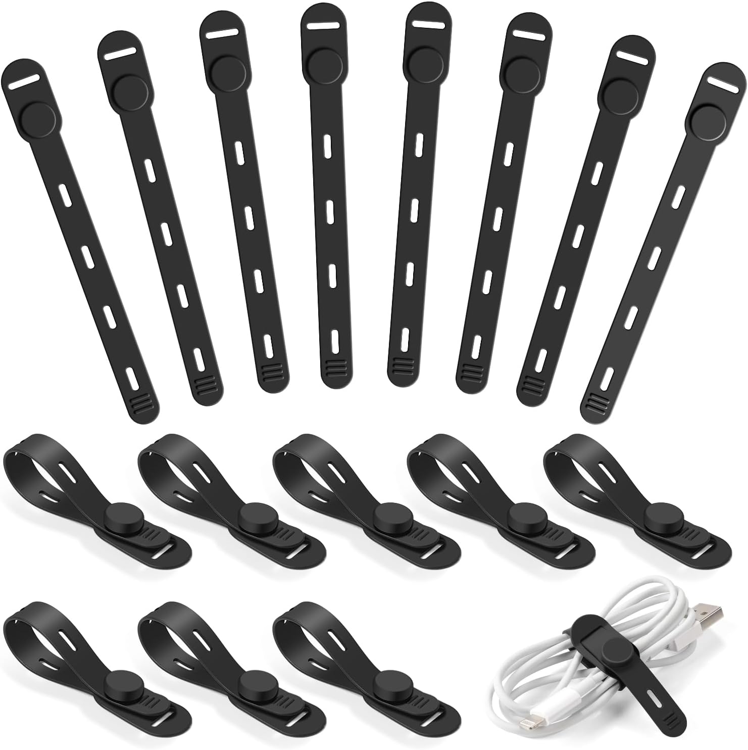 OneLeaf 16Pcs Adjustable Silicone Cable Ties, Reusable Cord Organizer for Desk Setup, PC, TV & Office Cubicle, Secure Soft Anti-Lost Cable Straps for Electronics - Black
