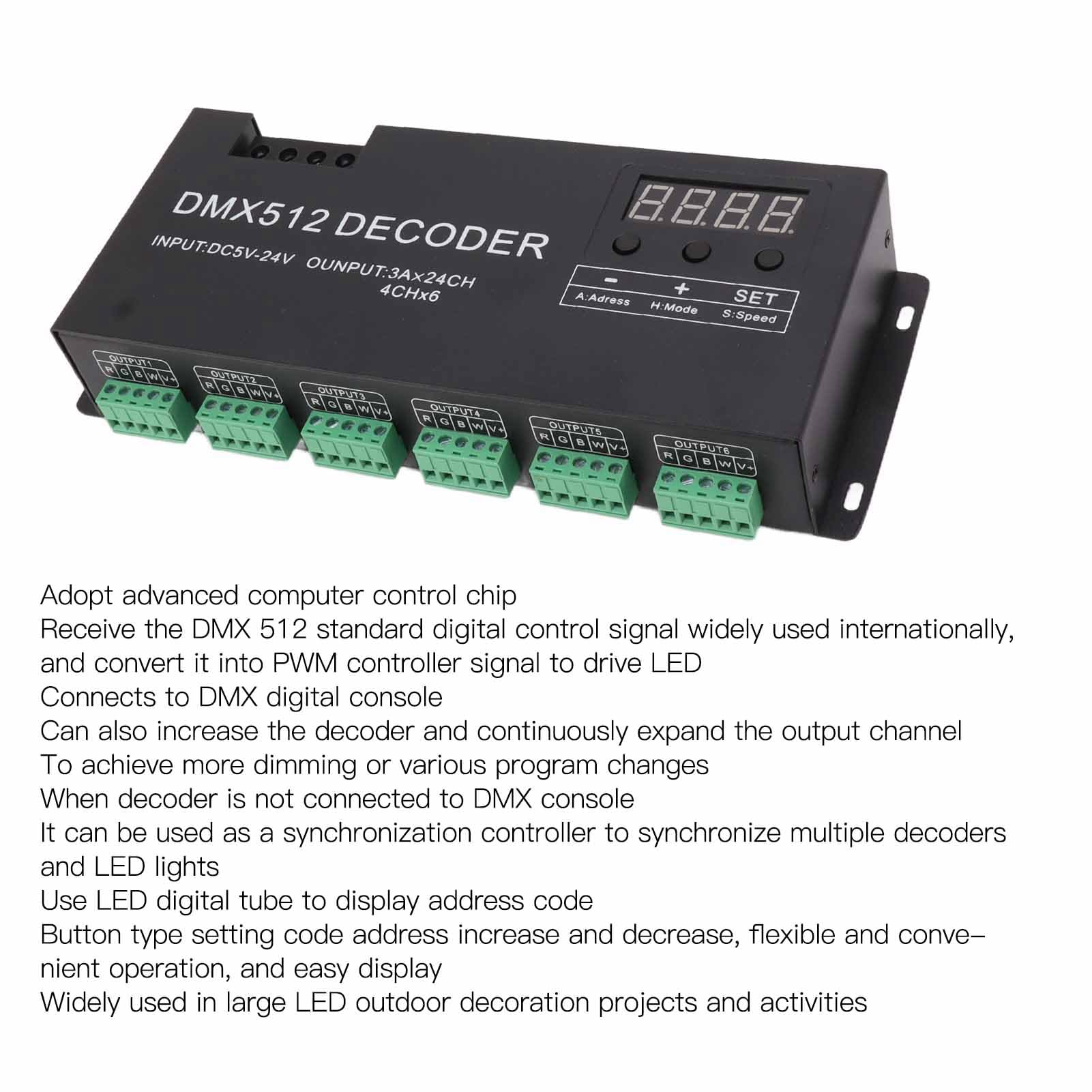 Fockety 24 canales DMX decodificador, RGBW DMX512 Controlador Led Decodificador Dimmer con pantalla digital, DC 5-24V de alta potencia sin parpadeos suave atenuación DMX Indicador de señal