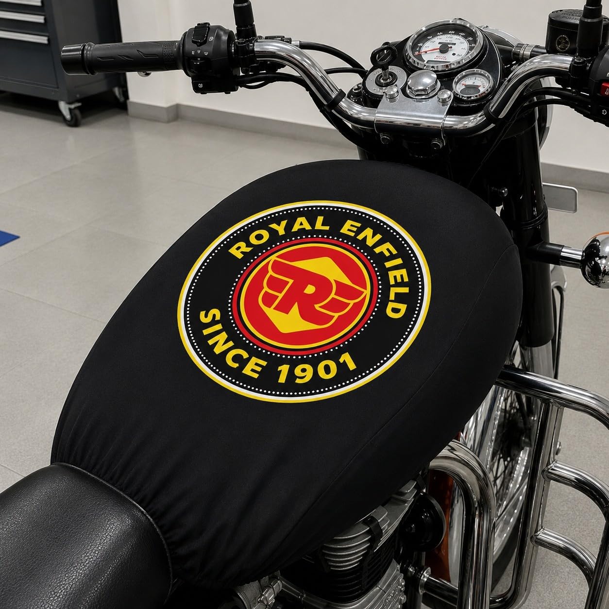 AutoStylist Bike Accessories Compatible with Royal Enfield Classic 350 / Bullet 350 Premium Fuel Tank Cover with Pouch Storage - Minimalist Sleek Black Logo, Heavy Duty Waterproof Leatherette.-image-38