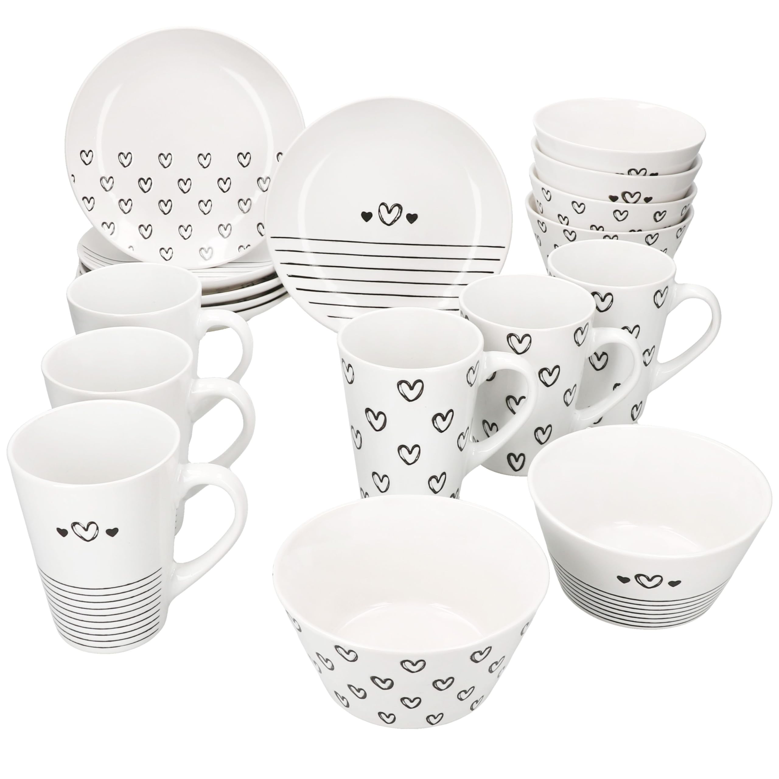MamboCat Cupid 18tlg Frühstücksset I 6x Kuchenteller, 6x Müslischalen 450ml & 6x Kaffeebecher 350ml I Porzellan Geschirr schwarz weiß mit Herz & Streifen Dekor I Kaffeezeit