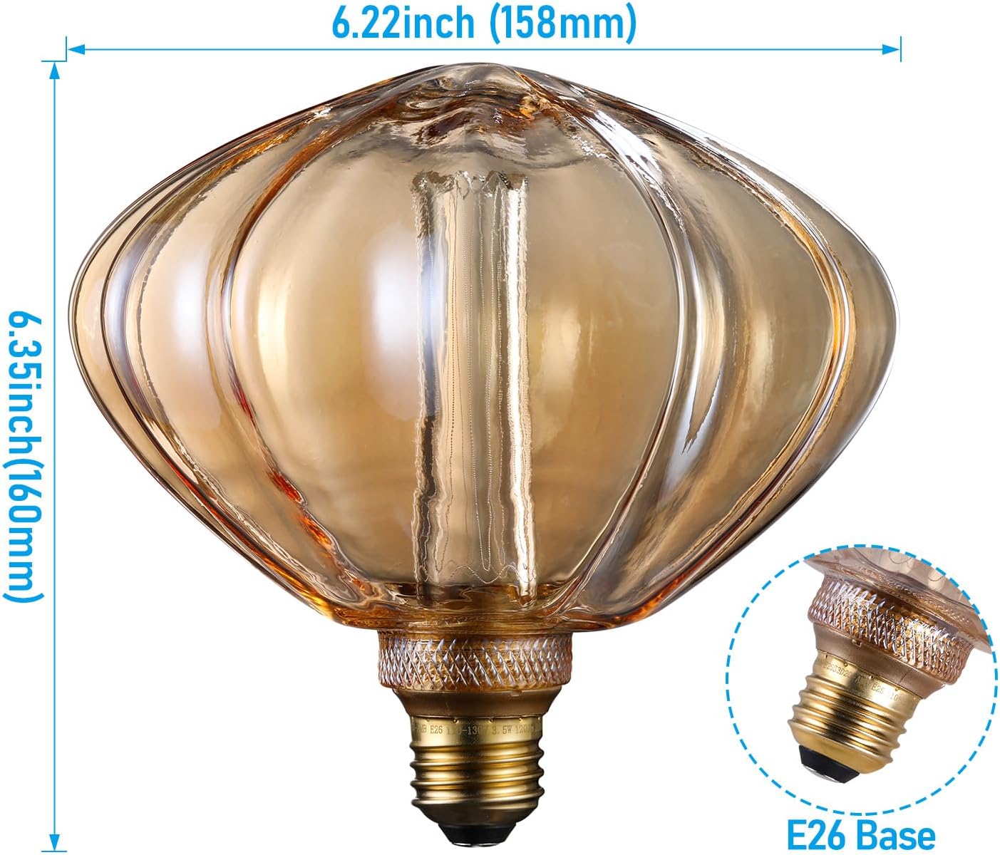 ESCENA Angular Aesthetics Series LED Oversize Edison Bulb, Vintage Decorative Light Bulb, Pumpkin Large Edison Bulb Dimmable 3.5W, E26, Unique Virtual Filament, Amber Glass, 2000K Soft Warm, UL Listed