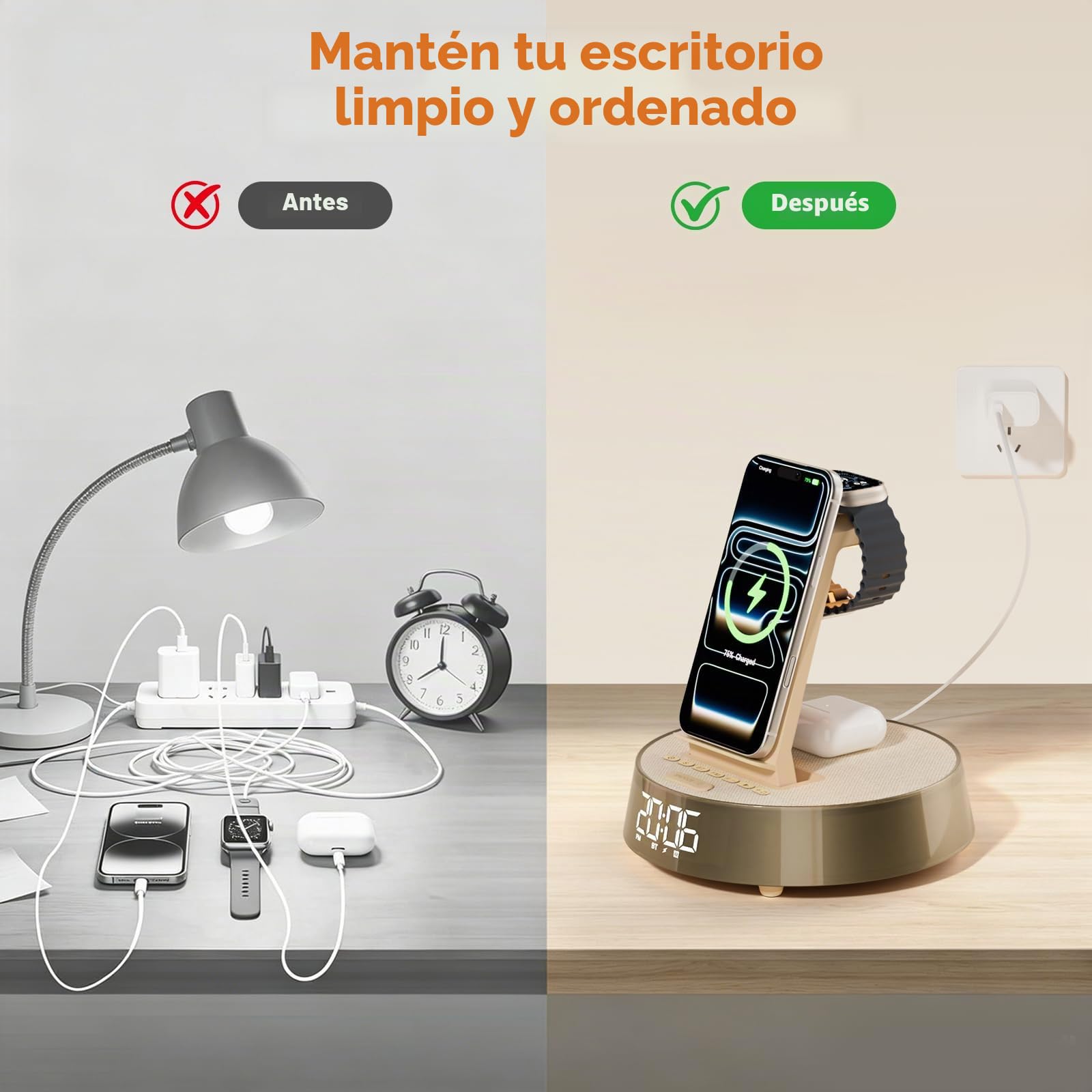 6 en 1 Cargador Inalámbrico para i Phone 17-11, Altavoz Bluetooth con Radio Despertador Cargador para A pple Watch, Wireless Charger con Ajustable Luz Nocturna Regalo Hombre