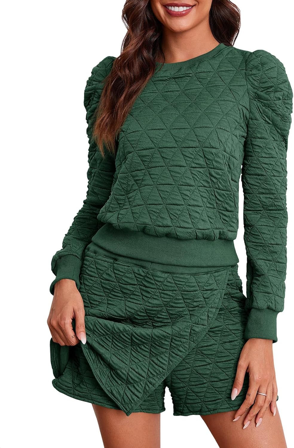Fisoew Women's 2 Piece Lounge Wear Set Long Sleeve Argyle Sweatshirts and Wrap Skorts Casual Sets