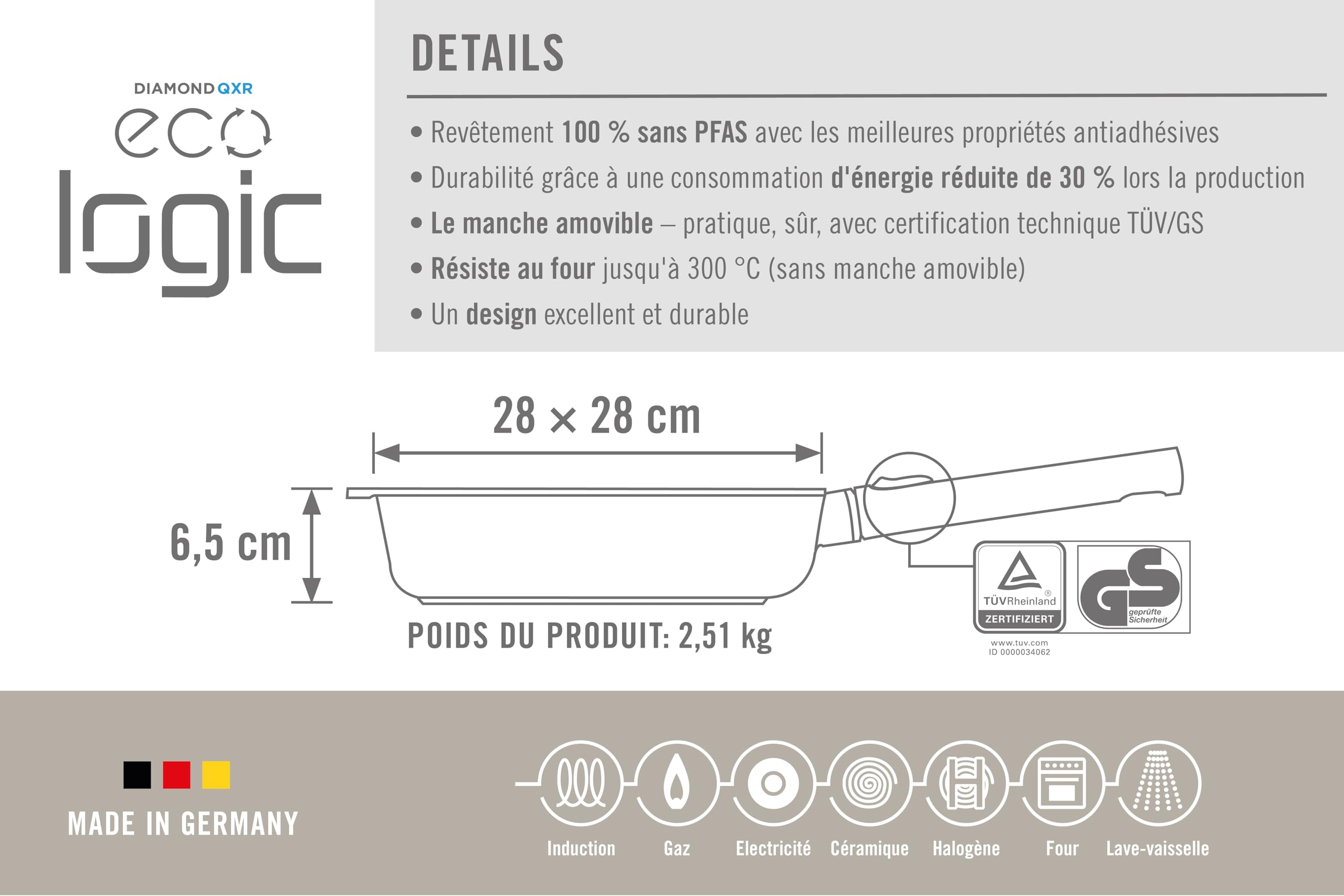 Woll – Poêle carrée Eco Logic QXR 28 x 28 cm, hauteur 6,5 cm, avec manche amovible – poêle antiadhésive sans PFAS, compatible four – poêle induction – poêle carrée – poêle à frire carrée