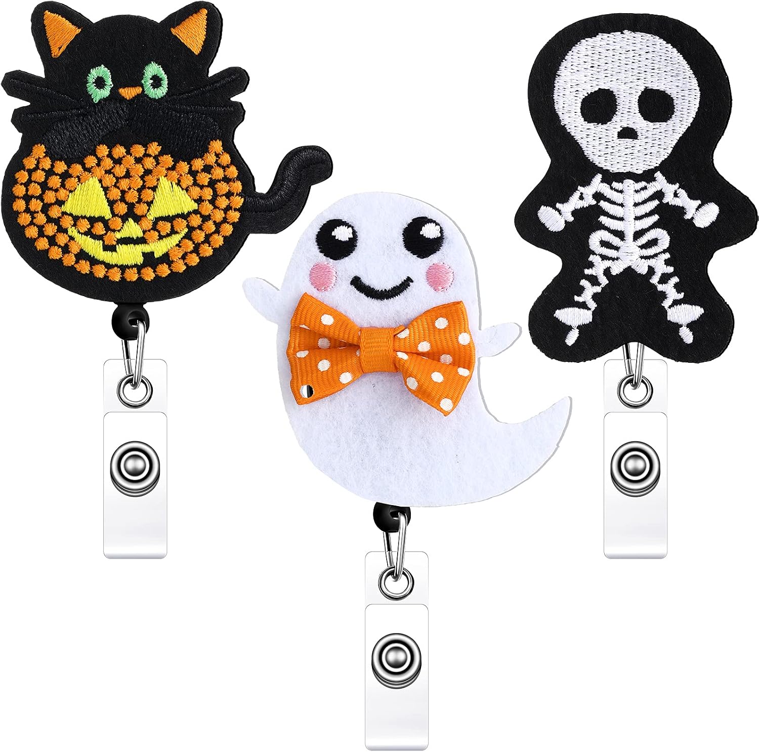 3 Pieces Halloween Badge Reel Halloween Cute Badge Holder Thanksgiving Retractable ID Badge Reel Cute Nurse Badge Holder Nursing Badge Clip (Pumpkin, Ghost, Skull Style)