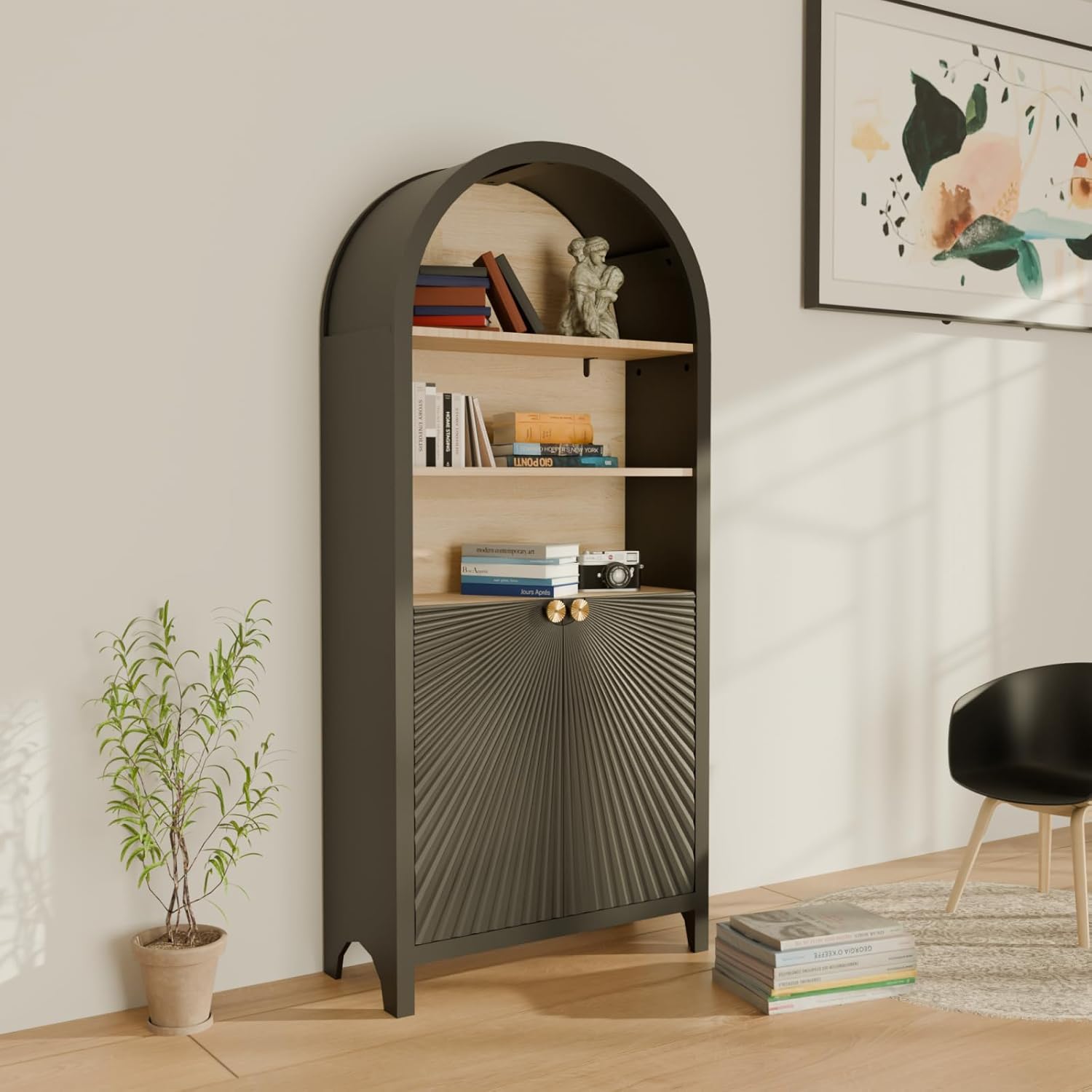 61" Tall Arched Cabinets,Bookcase with Storage,Mid-Century Modern 5-Tier Bookshelf with Door,Black