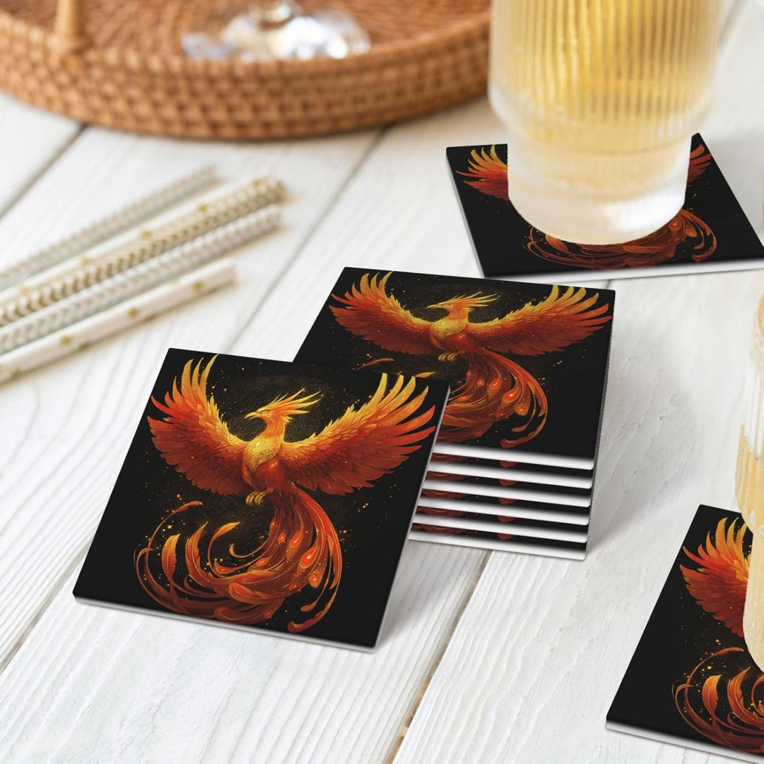 (Fantasy Phoenix) Ceramic Coasters Set of 6 with Holder Non-Slip Square Coffee Coasters for for Cup Mug Drink Patio Coffee Table Decor, Christmas Coasters Home Bar Supplies