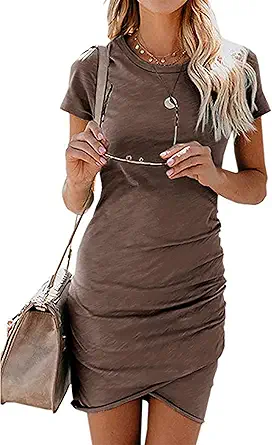 BTFBM Women's 2023 Summer Casual Beach Dresses Crew Neck Short Sleeve Wrap Party Club Mini Ruched Bodycon T Shirt Dress
