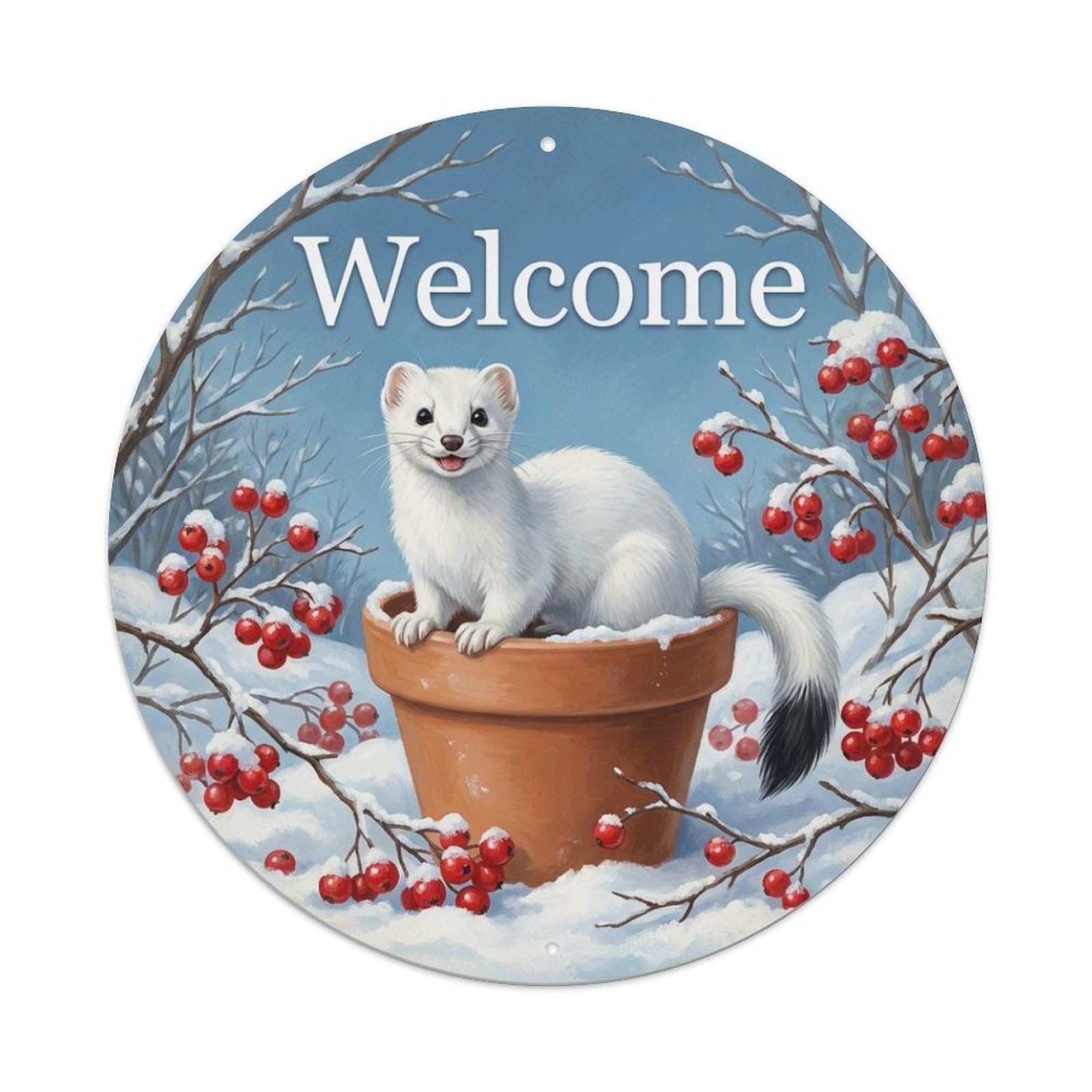 Welcome Stoat Snowy Branch Metal Tin Sign