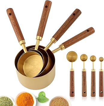 8Pcs Measuring Cups and Spoons Set, Stackable Measuring Cups with Wooden Handle, Stainless Steel Kitchen Measure Supplies Kit for Baking, CookingCOLORgold+brown