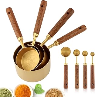 8Pcs Gold Measuring Cups and Spoons Set, Golden Stainless Steel Measuring Cups with Wooden Handle and 4 Measuring Spoons Set for Kitchen Baking Cooking