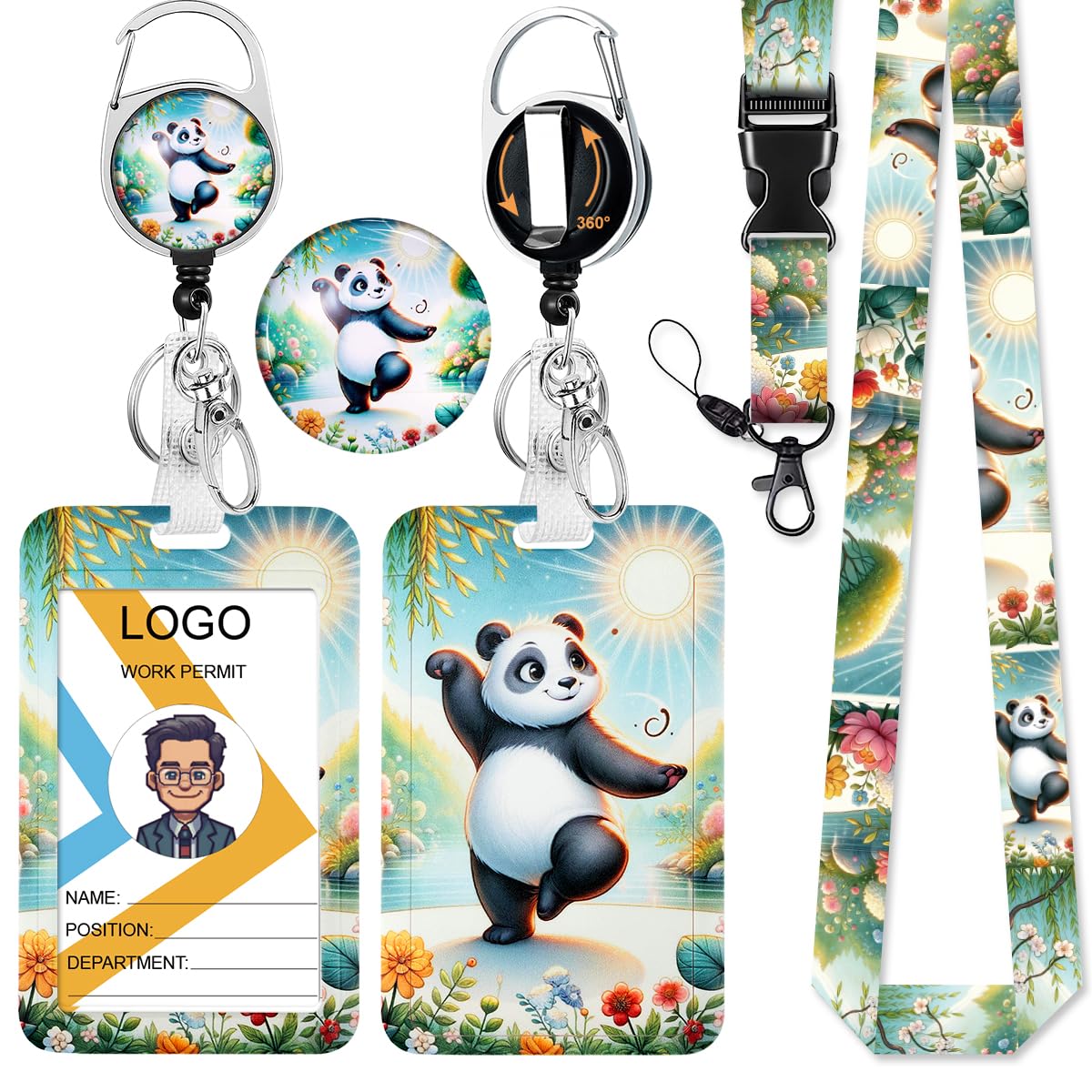 Cute Panda ID Badge Holder with Lanyard and Retractable Badge Reel