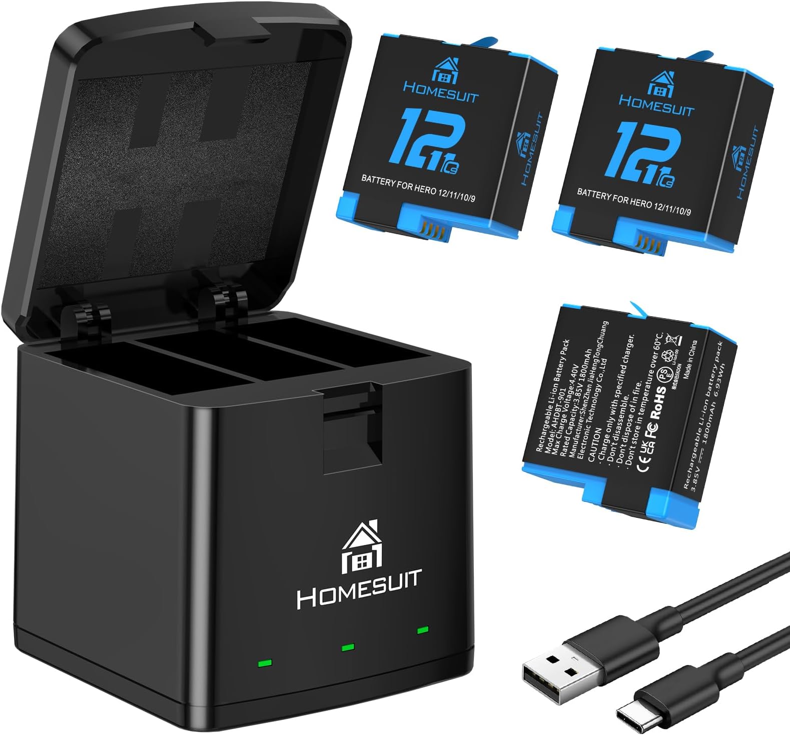 Homesuit Hero 12 11 10 9 Battery 1800mAh and LED 3-Channel USB Charger for Gopro12Black Gopro11Black Gopro10Black Gopro9Black AHDBT-901 (3-Pack)