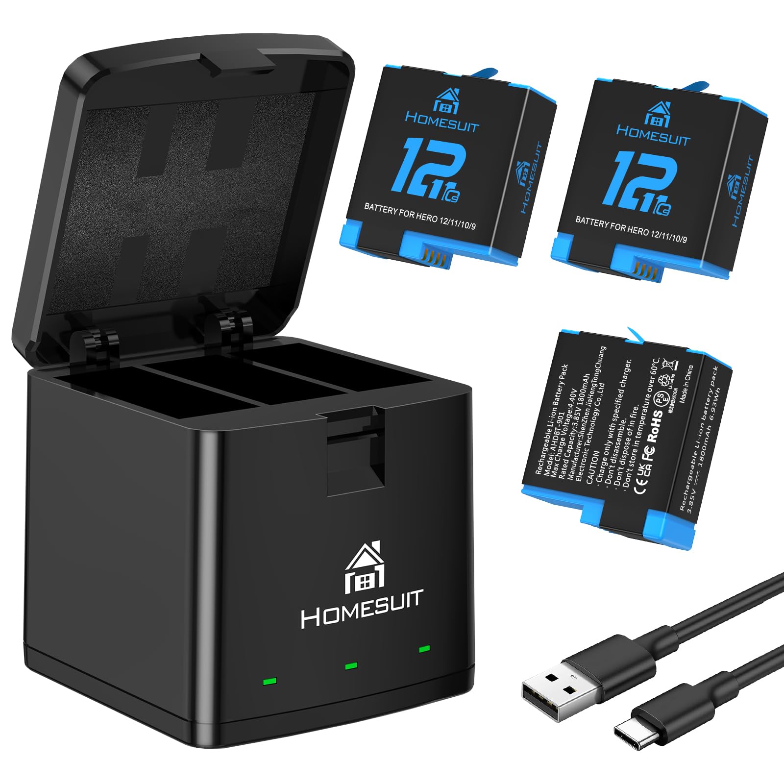 Homesuit Hero 12 11 10 9 Battery 1800mAh and LED 3-Channel USB Charger for Gopro12Black Gopro11Black Gopro10Black Gopro9Black AHDBT-901 (3-Pack)