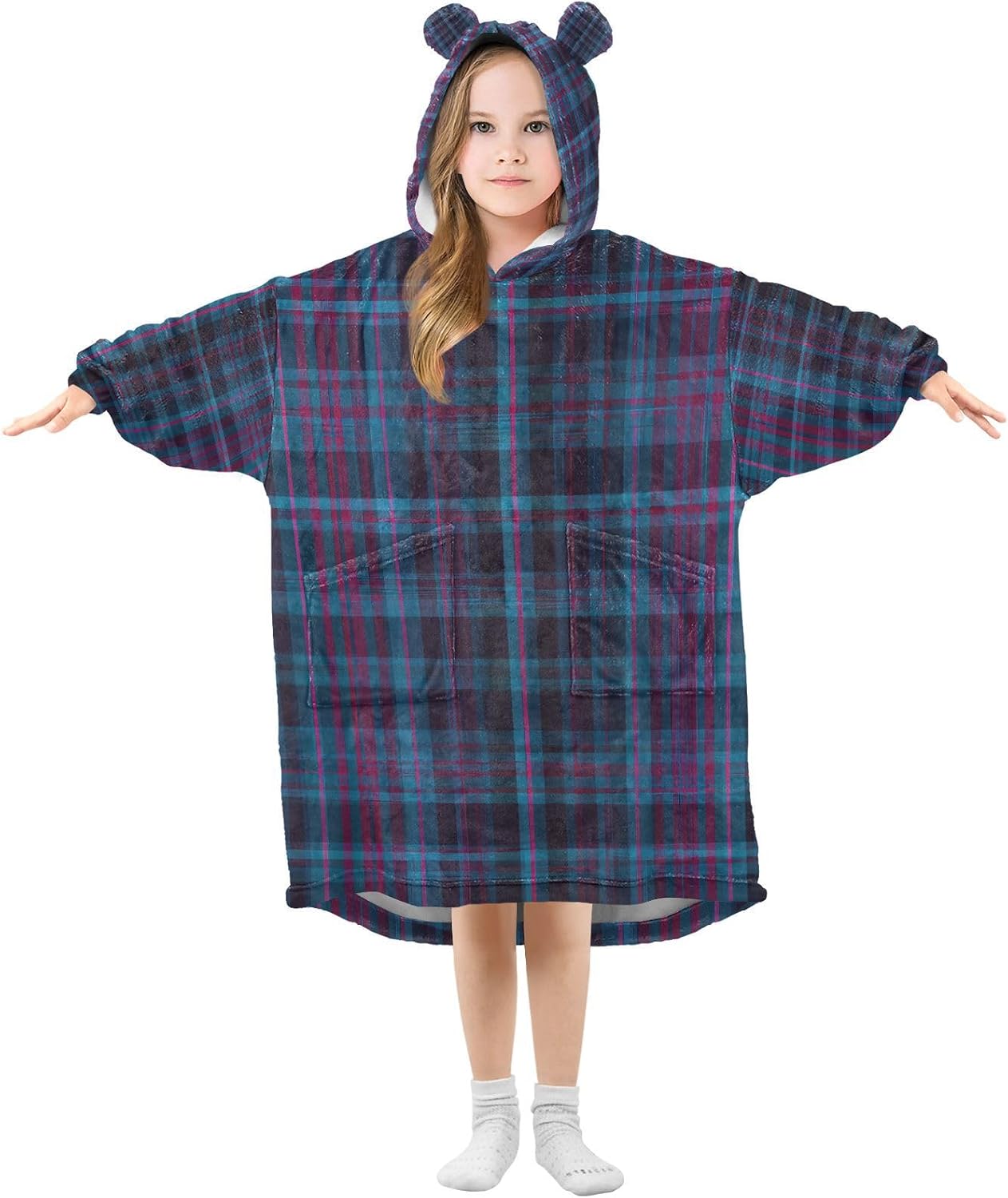 Kigai Tartan Plaid Wearable Blanket Hoodie for Kids Oversized Hooded Blanket Warm & Cozy Sweatshirt with Pockets