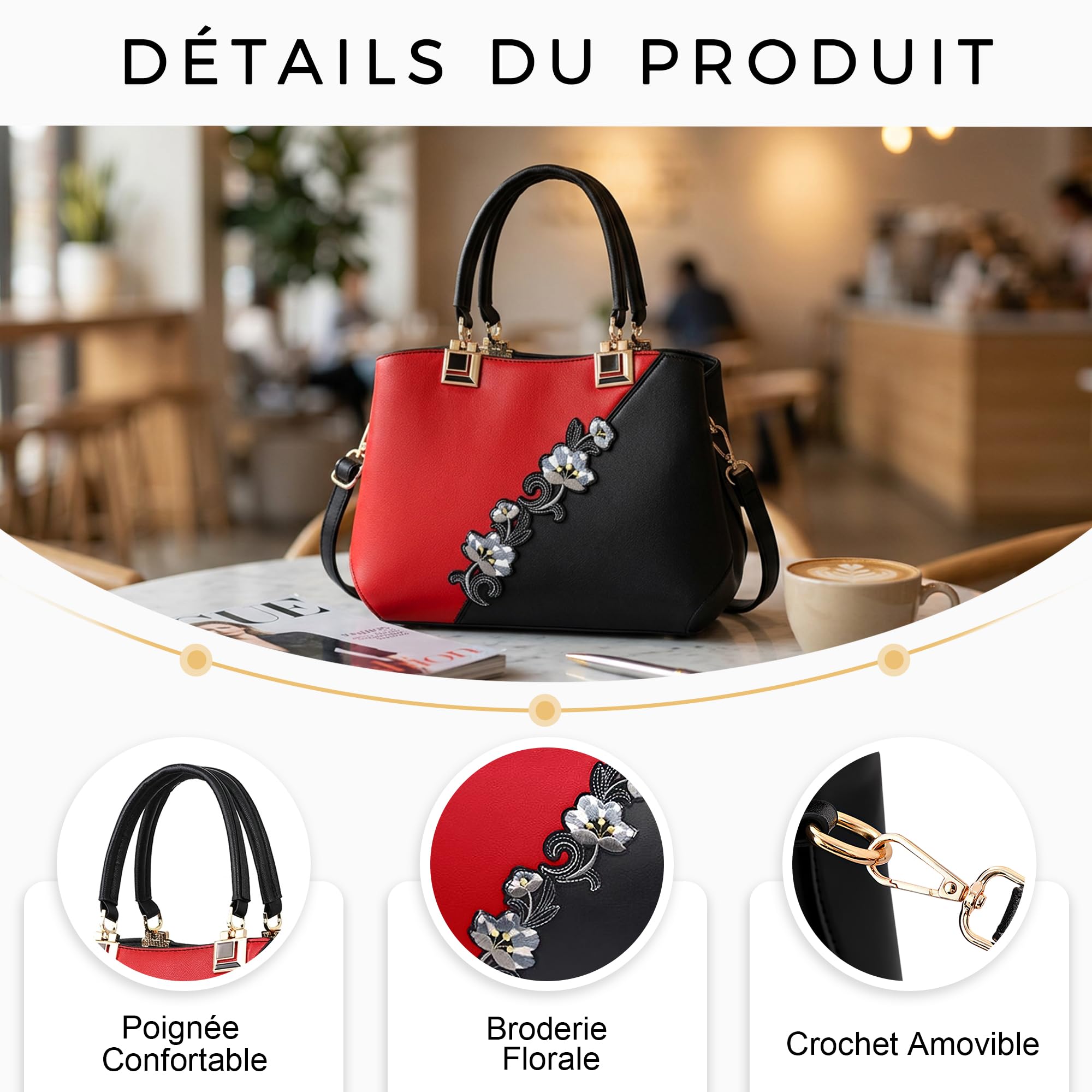 VARLIVOO Sac a Mains Femme Cuir PU Élégant Sac Bandouliere avec Broderie Florale Sacs à Main portés Main Classe pour Shopping Travail Voyage Fête Quotidien Rouge