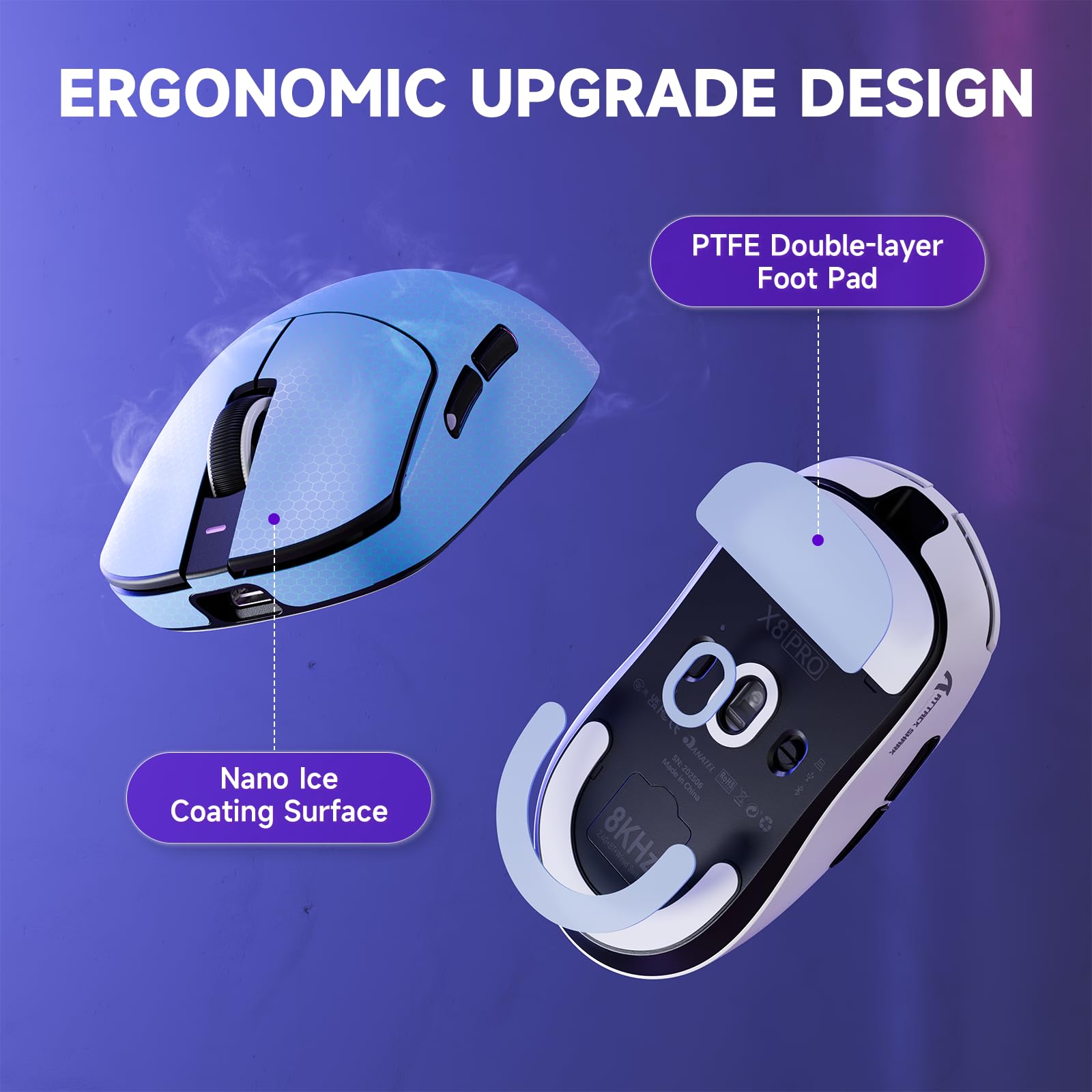 ATTACK SHARK X8PRO 55g ultraleichte Kabellose Gaming-Maus mit Spiralkabel & Griffband, Mittelgroße/Große Hände, 8K-Polling Rate, 2,4 G/Wied/BT, 500 mAh, 40K DPI, Optischer Sensor PAW3395 - Schwarz