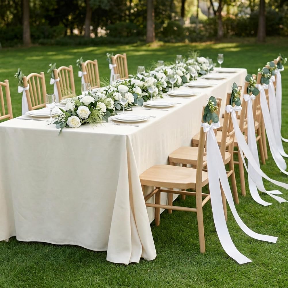 24 Set Wedding Chair Sashes with Artificial Eucalyptus Stems White Chair Bow Ribbons Wedding Aisle Decorations Draping Ribbons for Wedding Ceremony Church Pew Decor