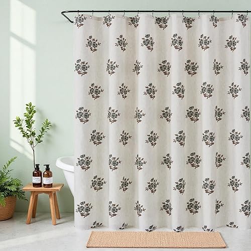 Miniatura 8 de ORTIGIA Cortinas de ducha de lino verde para baño, juego de cortinas de ducha neutrales con ganchos de metal, impermeable, estética, tela retro,
