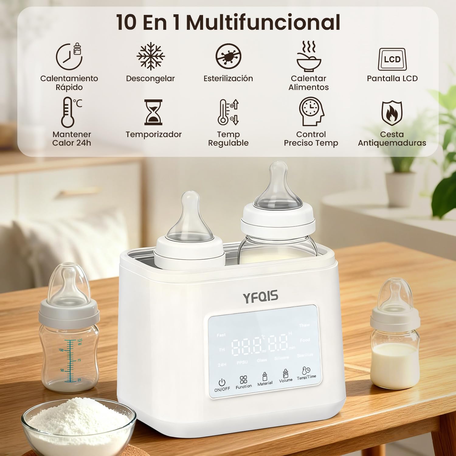 Calienta Biberones Doble, 10 en 1 Esterilizador Biberones, Calienta/Descongela Leche Materna y Purés, Control Preciso de Temperatura, con Pantalla LCD, Temporizador, Apagado Automático (Blanco)