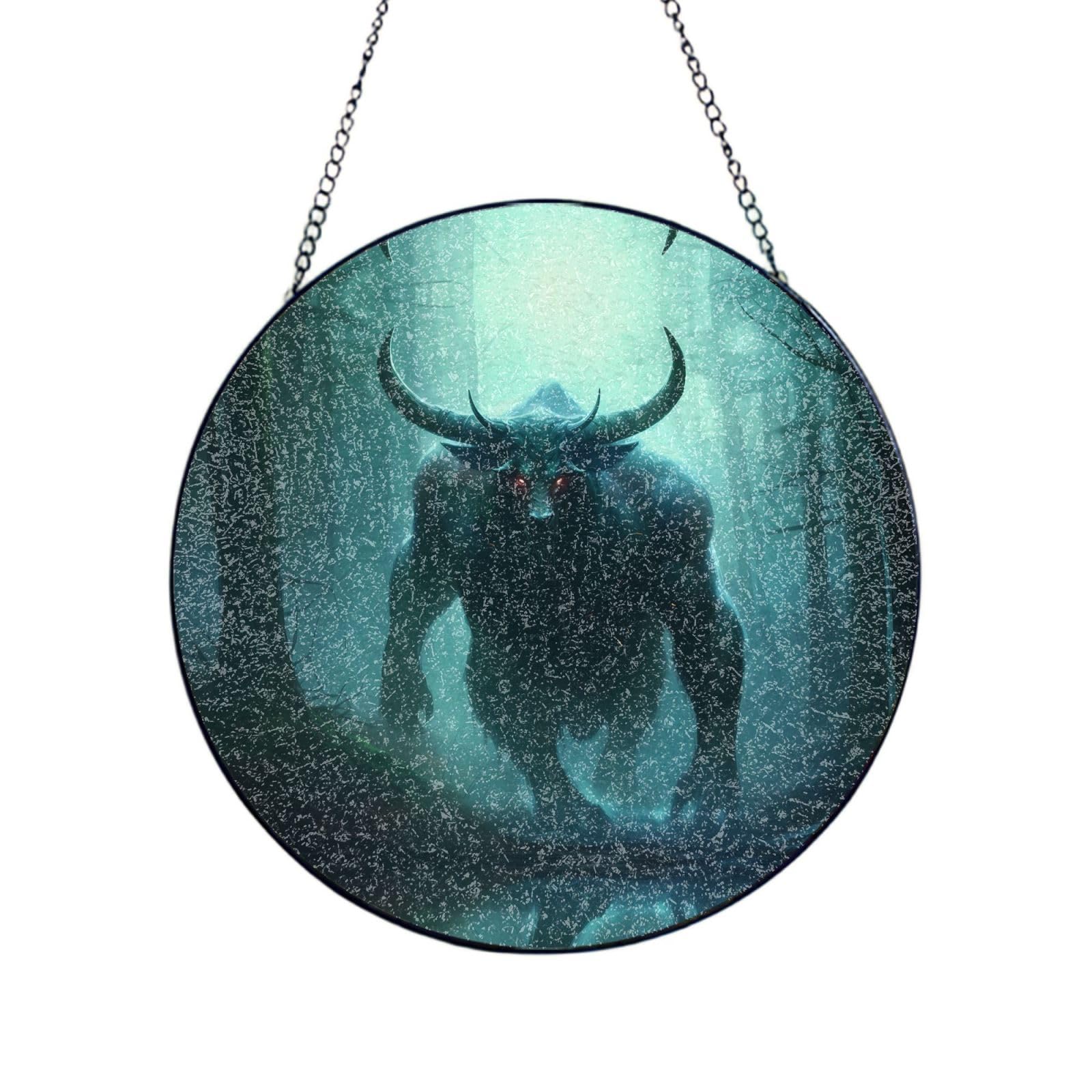 Phayah Cow Horned Beast Print Stained Glass Window Hanging Suncatcher For Door Terrace Garden Home Decor Sun Catcher Birthday Gifts For Lovers Dad Mom 12in（30cm）