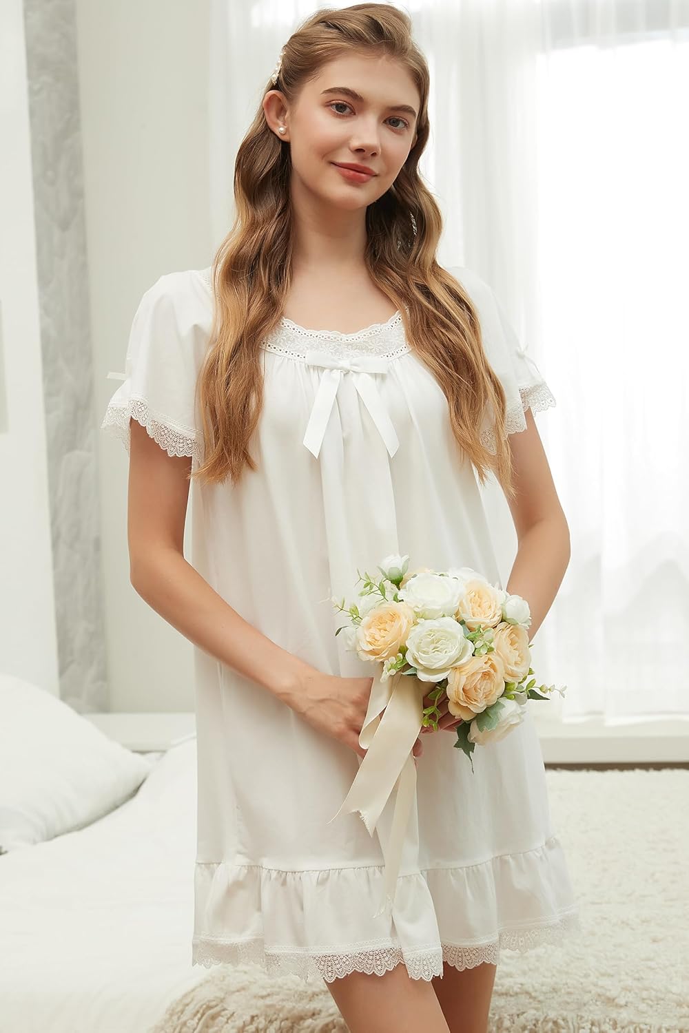 Nanxson Cotton Nightgown for Women Short/Long Sleeve Princess Nightdress Victorian Nightwear Lace Ruffled Nighties with Bow - Image 5