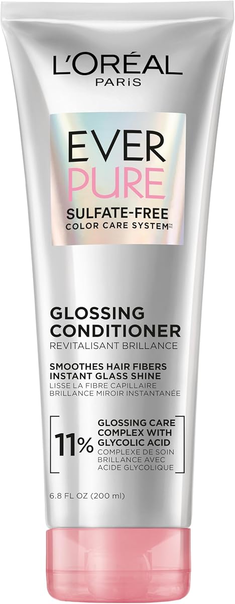L’Oreal Paris Sulfate Free Glossing Conditioner with Glycolic Acid, Provides Intense Glass Hair Shine, Smoothness & Soft Feel, Suitable for Dull, Dry, and Color-Treated Hair, EverPure, 6.8 Fl Oz