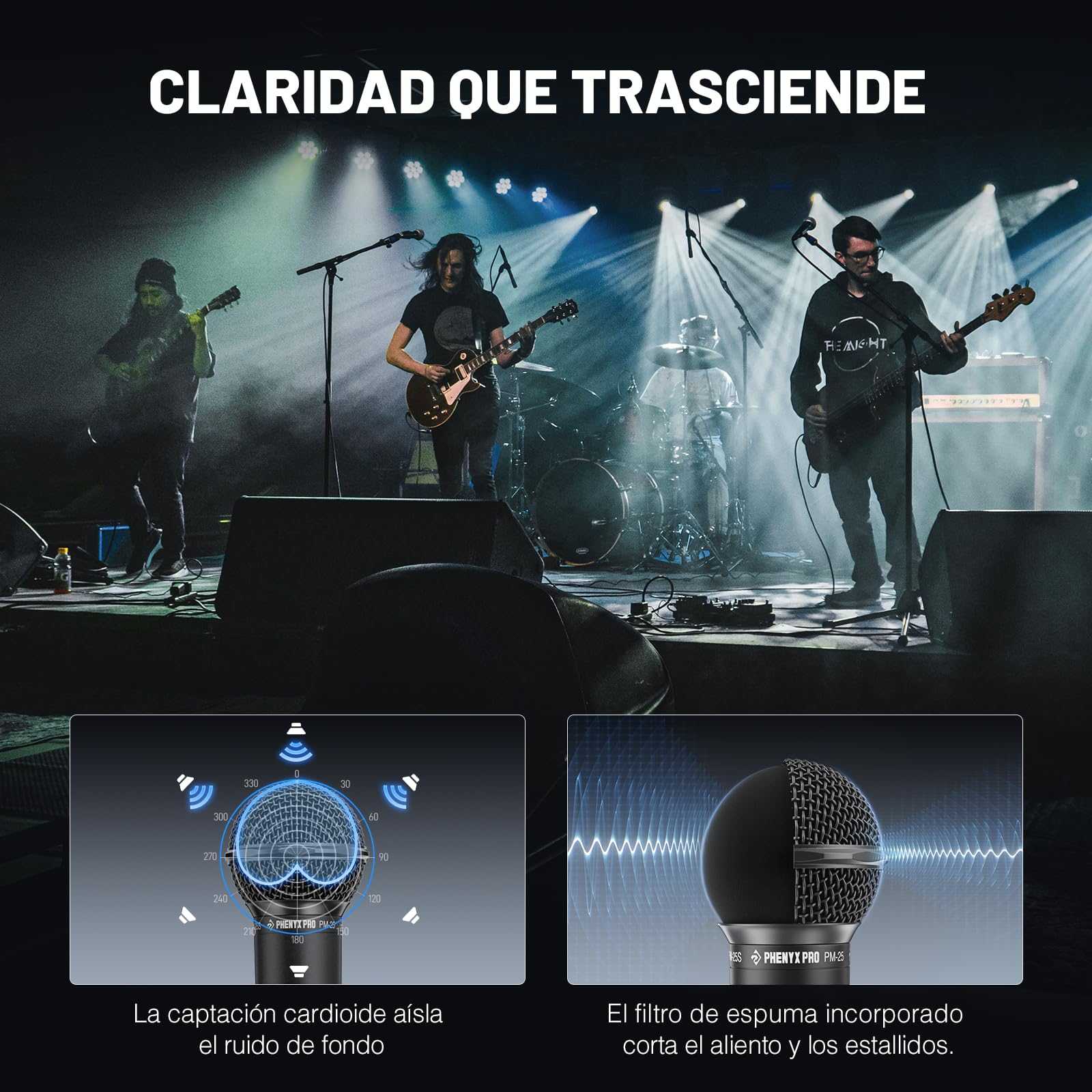 Phenyx Pro Micrófono Vocal Dinámico Cardioide XLR PM-25 | Patrón cardioide, Mic de mano dinámico, Cable XLR de 5 m, Clip de micrófono, Bolsa de transporte, Canto, Escenario