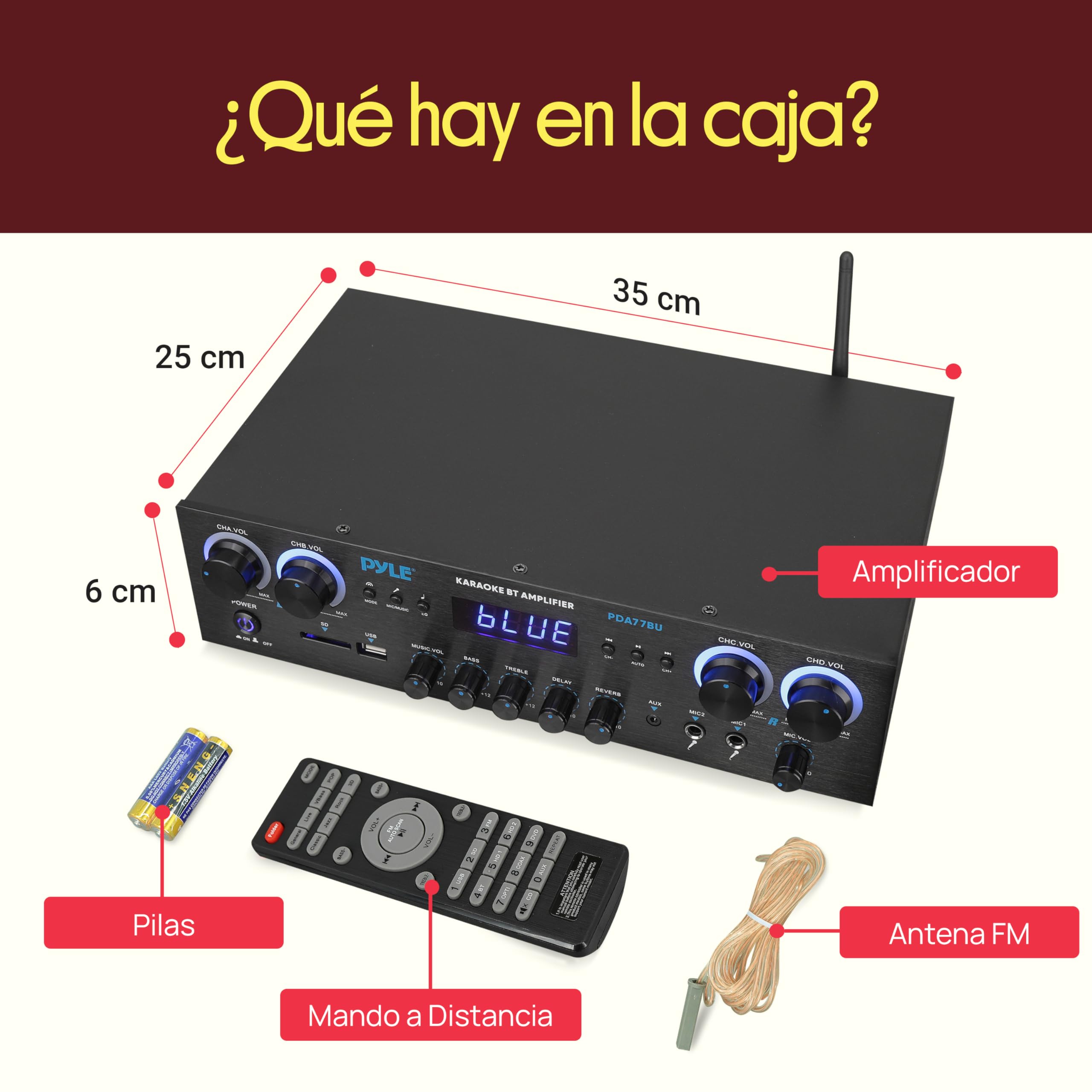 Pyle Amplificador de Cine en casa de 800 vatios, Receptor estéreo con transmisión Bluetooth, Control Independiente de Eco y Volumen de micrófono, MP3/USB/SD/AUX/radio FM