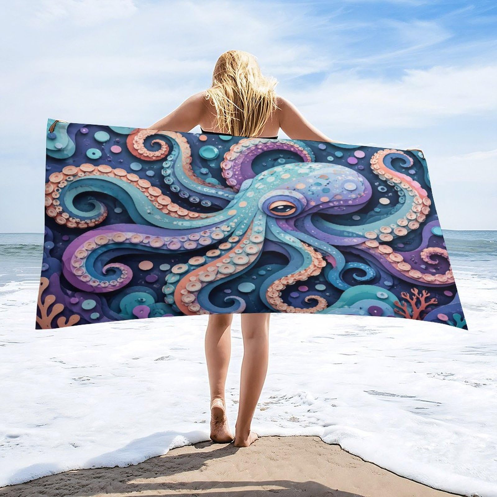 Anceky Colorful Octopus Sea Life Beach Towel 30"×60",Soft Microfiber Bath Towel Shawl, Quick Dry Absorbent Pool Spa Gym Shower Towel