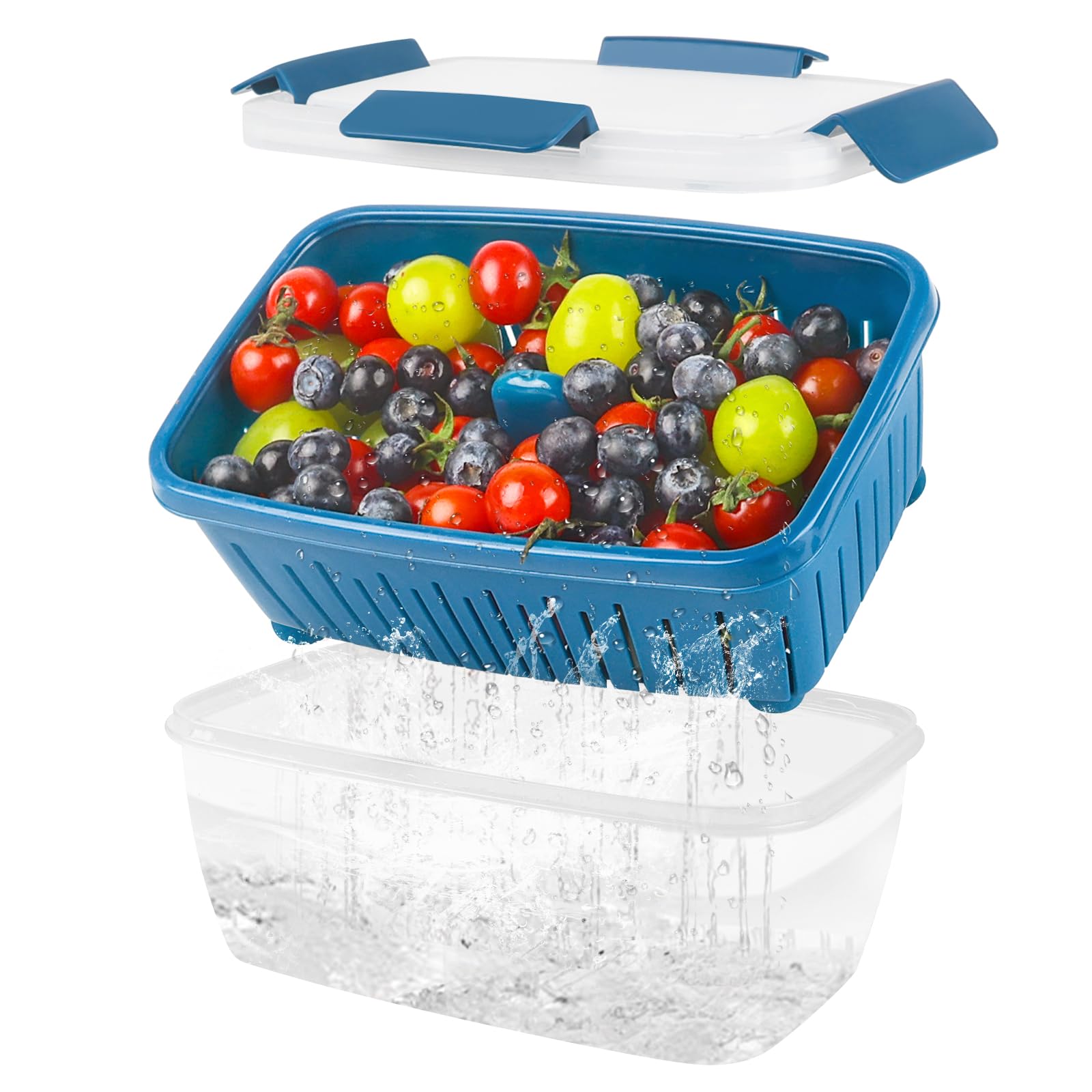 Shopwithgreen 2g Berry Storage Container for Fridge, Fresh Food Saving Containers with Removable Strainers and Lid, Lettuce Storage Bowl Rectangle Blue