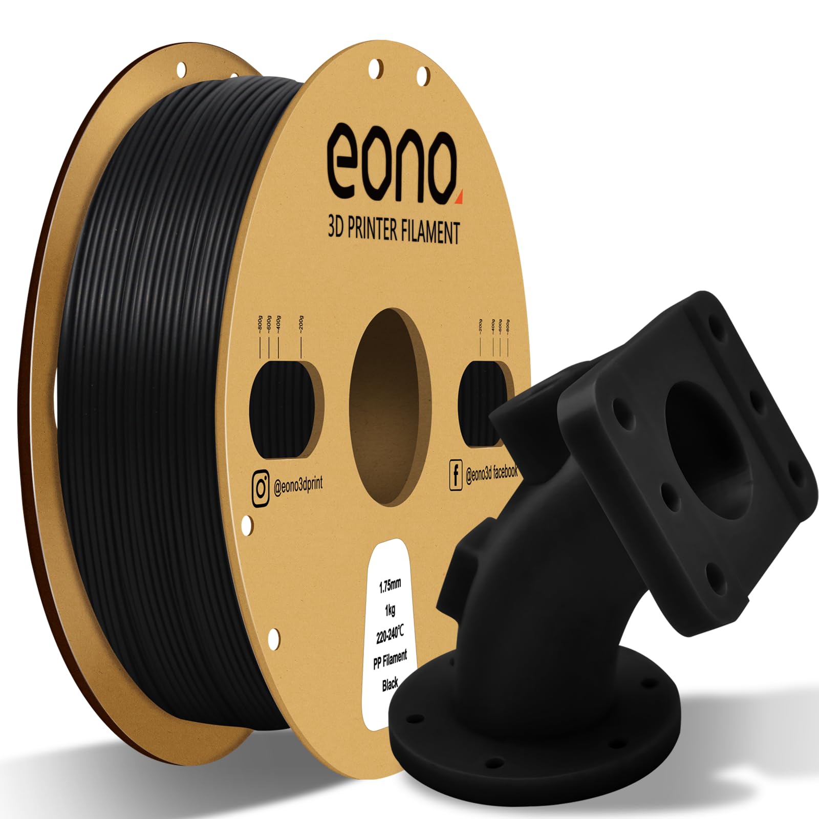 Eono Filament PP 1,75 mm Filament do drukarki 3D, półelastyczny ultra wytrzymały filament polipropylenowy, czarny, 1 kg