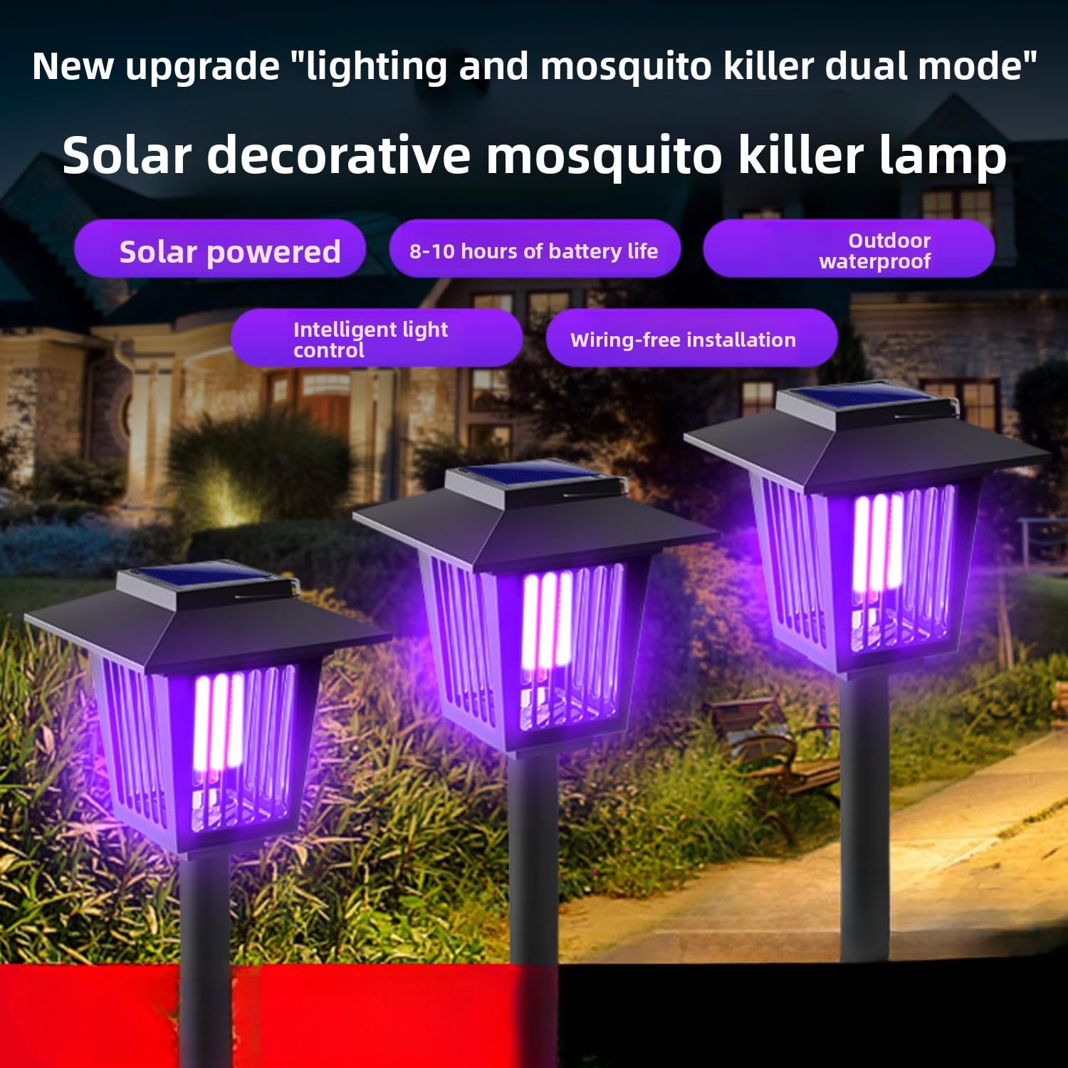 Confezione da 1/2/4 lampade solari antizanzare, copertura UV con pannello solare, IPX6, impermeabile, per esterni, patio, giardino, prato, durata di 8-12 ore (colore nero, confezione da 2)
